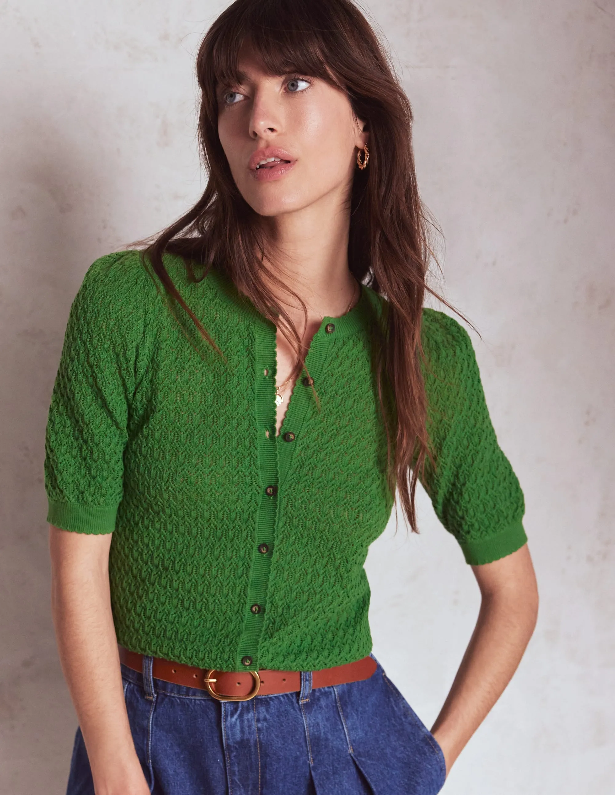 Dot Pointelle Cardigan-Iguana Green QuickFabric Recovery StretchWeave Fabric