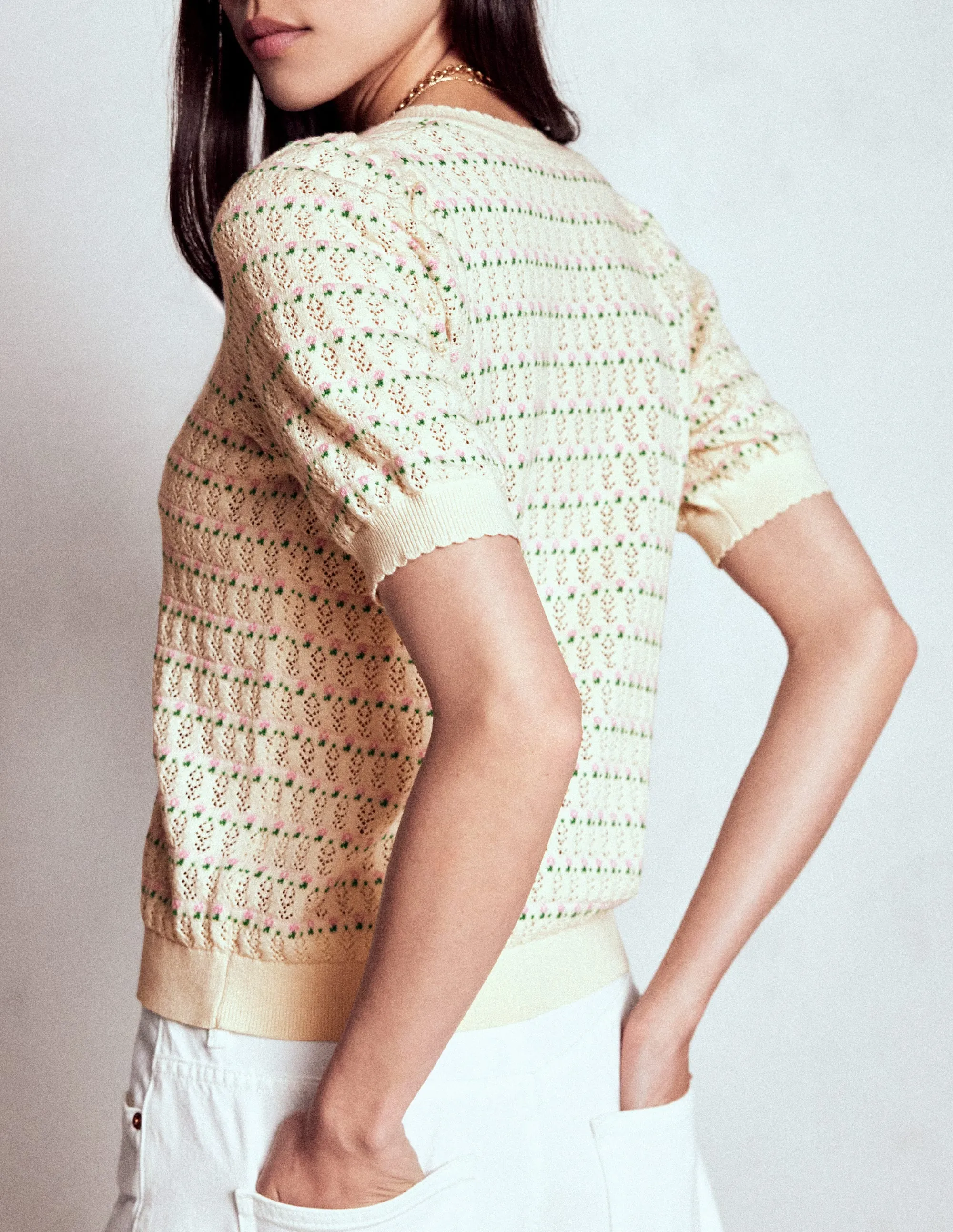 Layered Neckline Dot Pointelle Cardigan-Pretty Floral Fair Isle