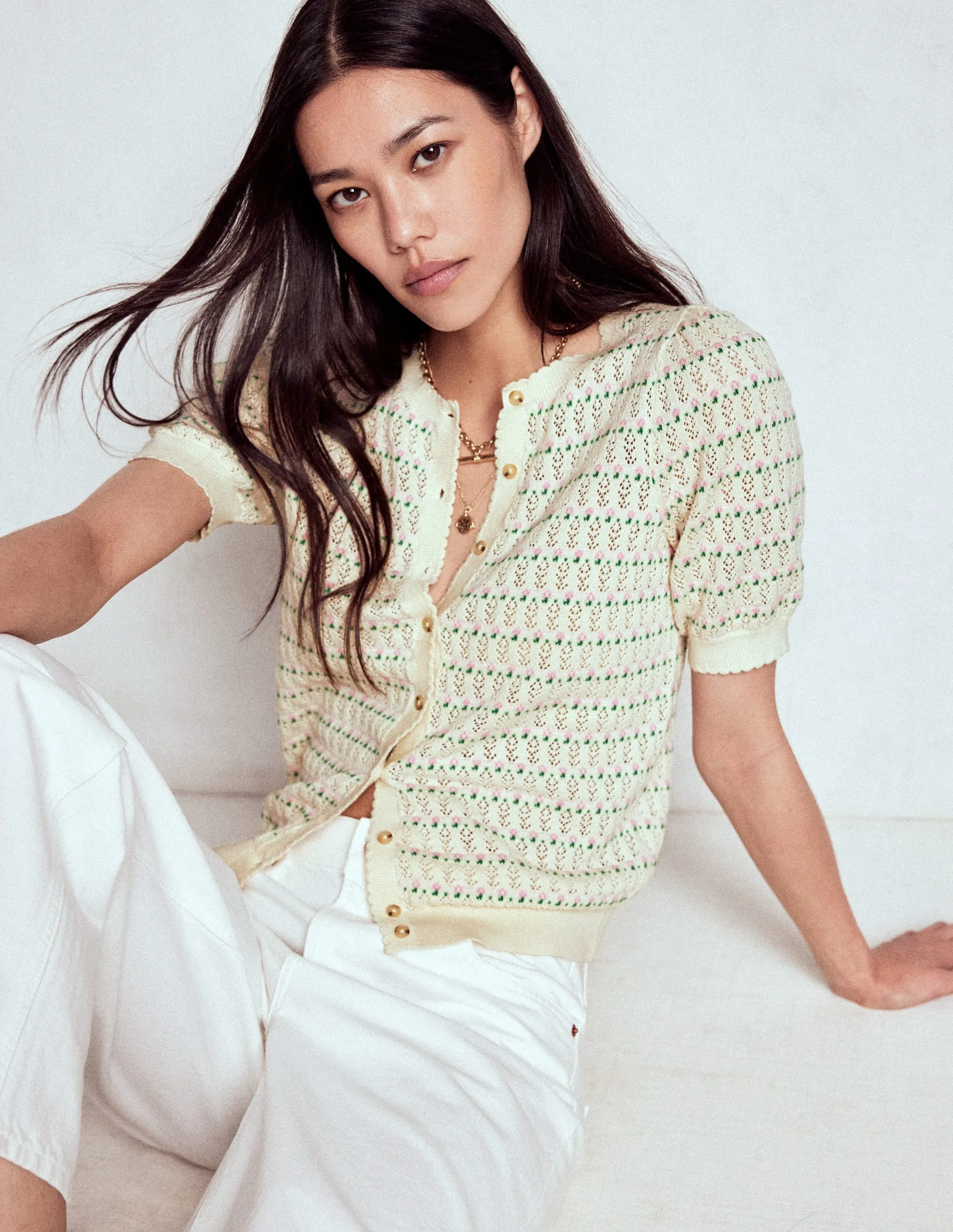 Soft Finish Leisure Look Dot Pointelle Cardigan-Pretty Floral Fair Isle