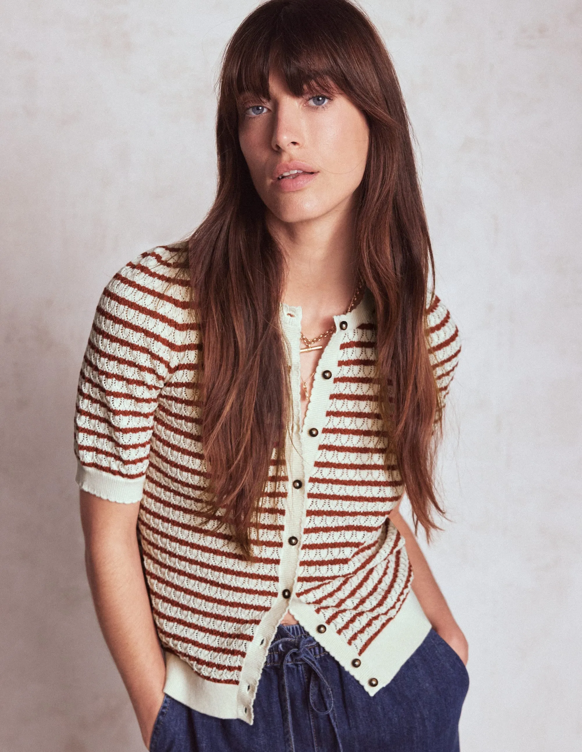 Daily Style Dot Pointelle Cardigan-Warm Ivory/ Red