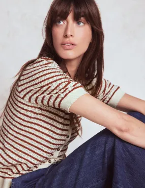 Dot Pointelle Cardigan-Warm Ivory/ Red Flexible Neckline