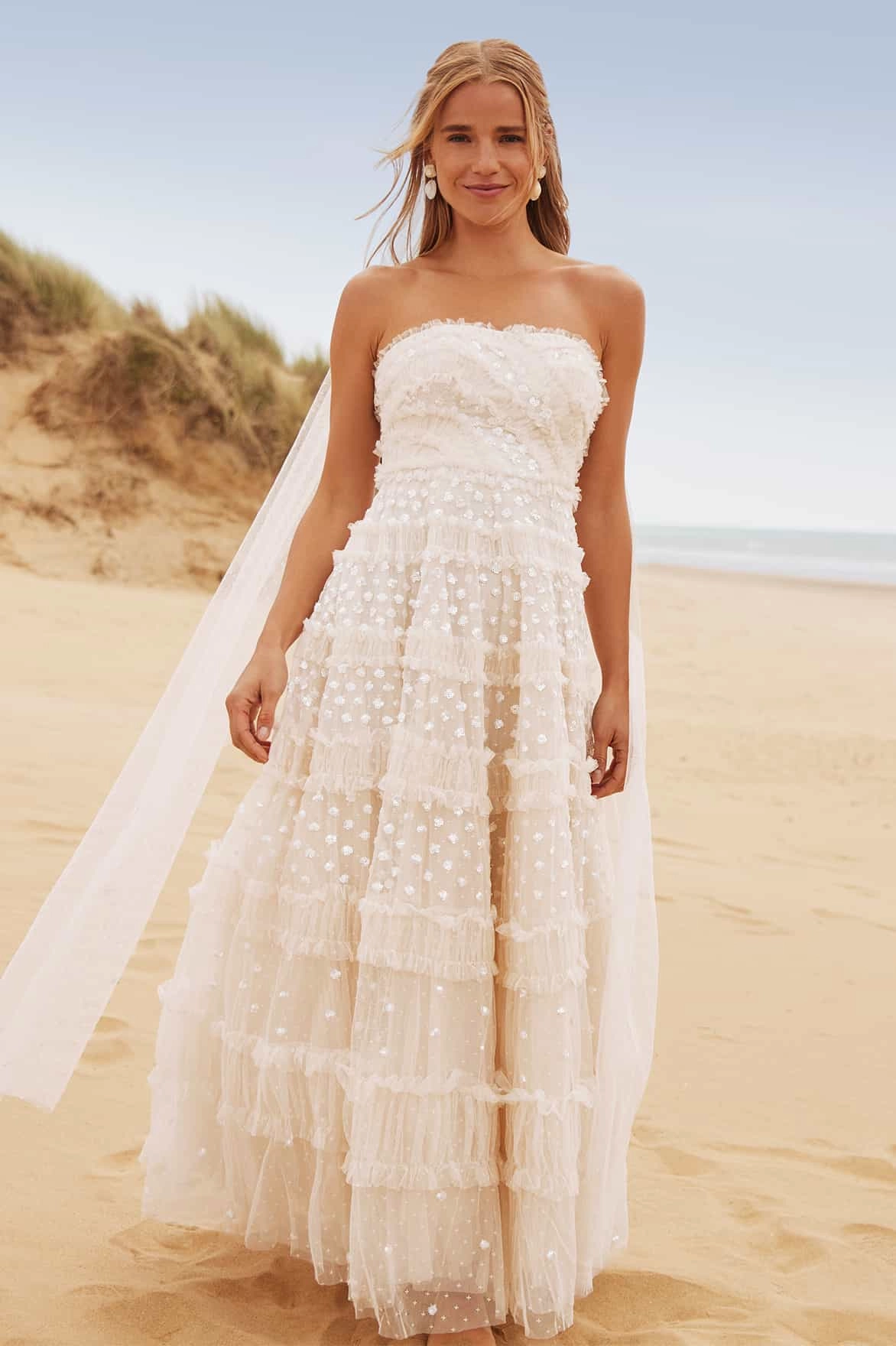 Designer-Label Dot Shimmer Tiered Strapless Ankle Gown