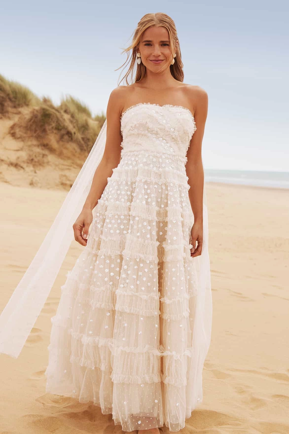 Dot Shimmer Tiered Strapless Ankle Gown Tailored Fit