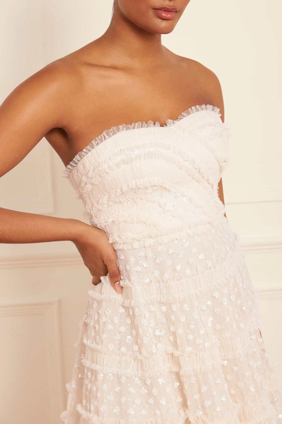 Casual Must-Have Dot Shimmer Tiered Strapless Ankle Gown