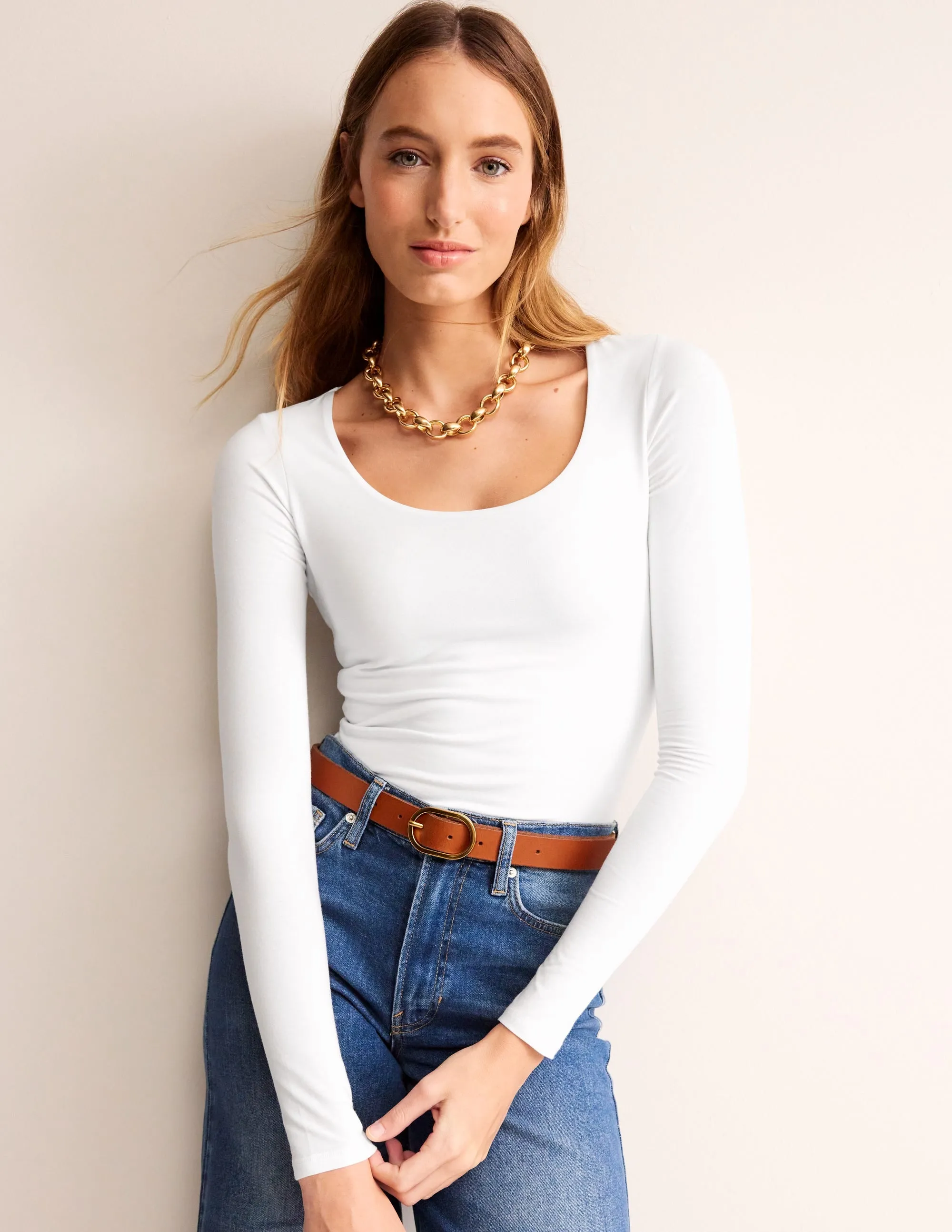 Double Layer Scoop Long Sleeve-White RollUpCuff NonIrritatingSeams