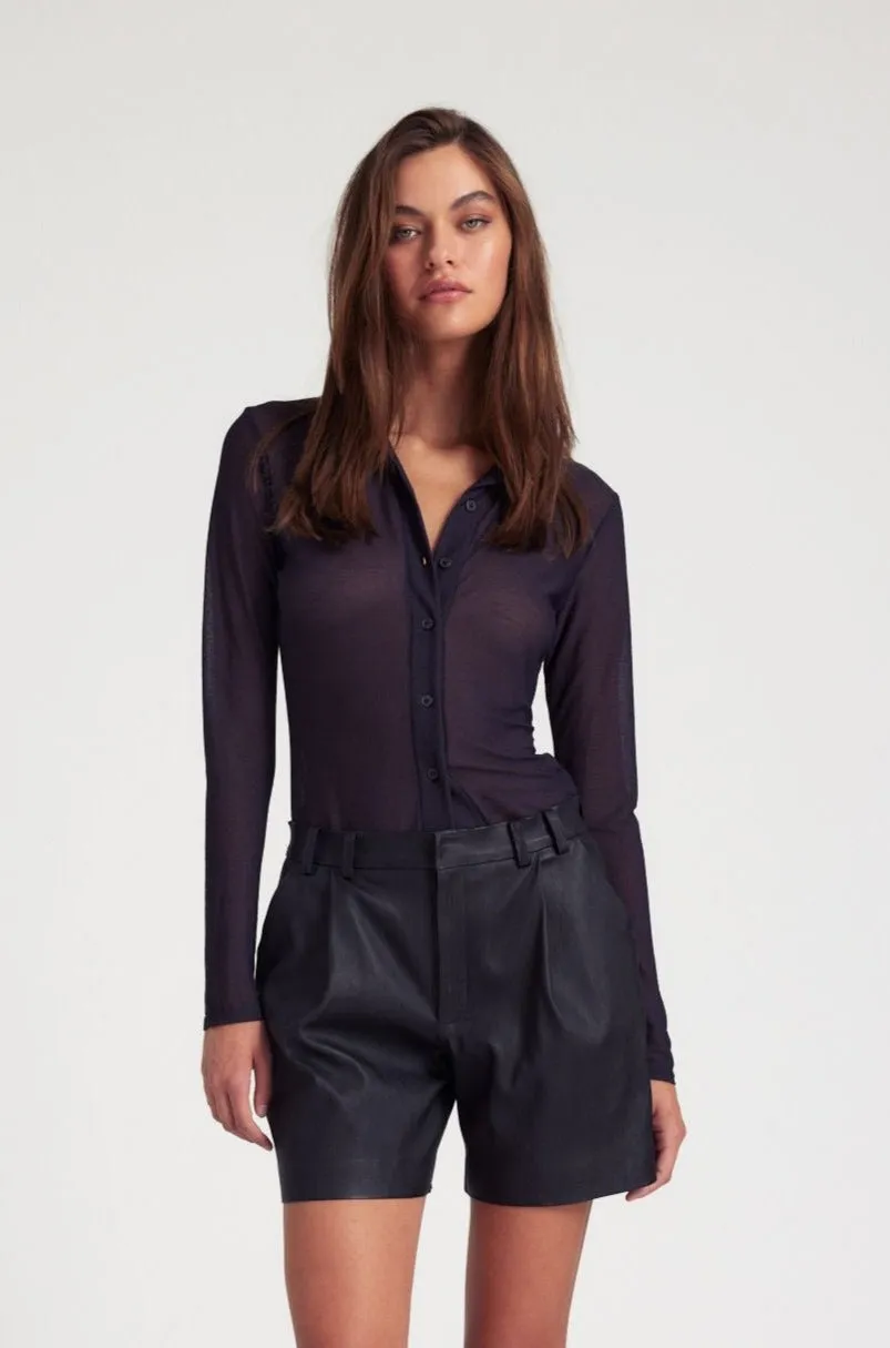 Black Knit Mesh Button Down Weighted Hem