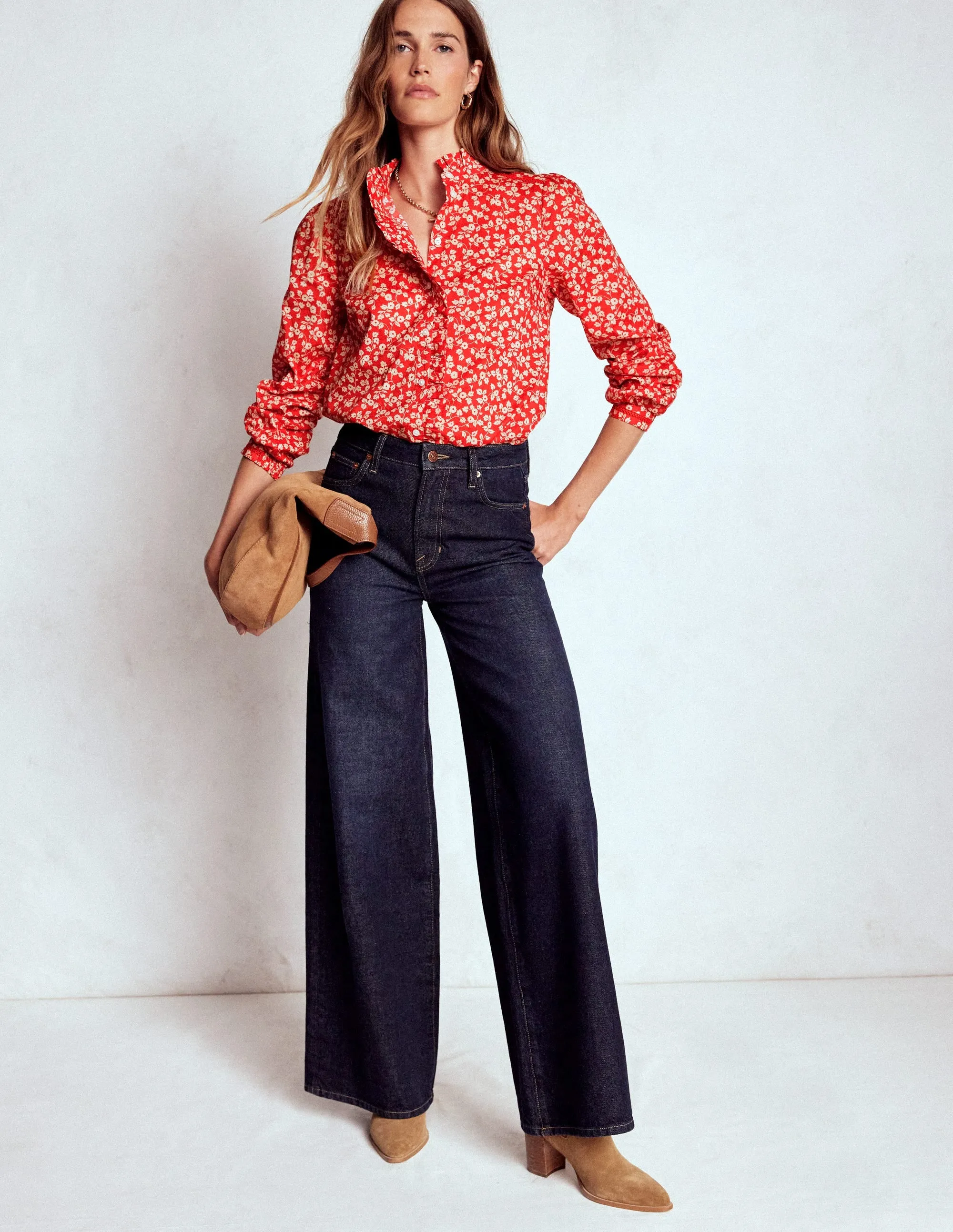 Helena Cotton Top-Cranberry Red, Delicate Vine UltraSoftLining Adjustable Hem Cuff