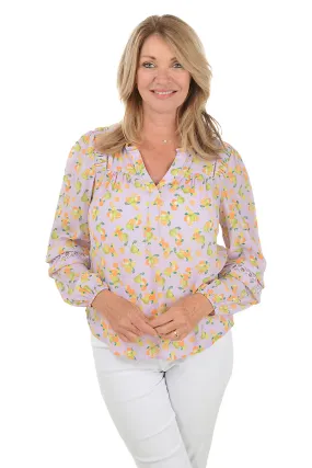 Knit Fabric Technology Self Fabric Tie Fruit Orchard Pleated Puff Sleeve Blouse