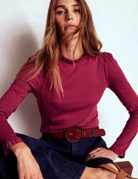 Breathable mesh lining Supersoft Frill Detail Top-Burgundy Red