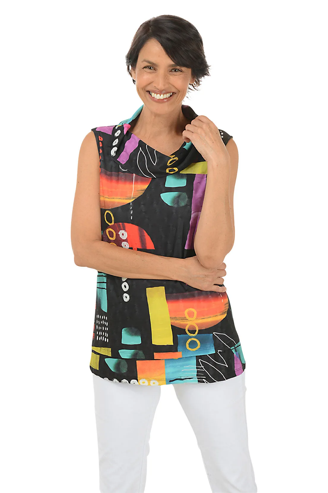 Geneva Cowl Neck Sleeveless Top Reinforced Neckline Detail Metallic Fiber Blend