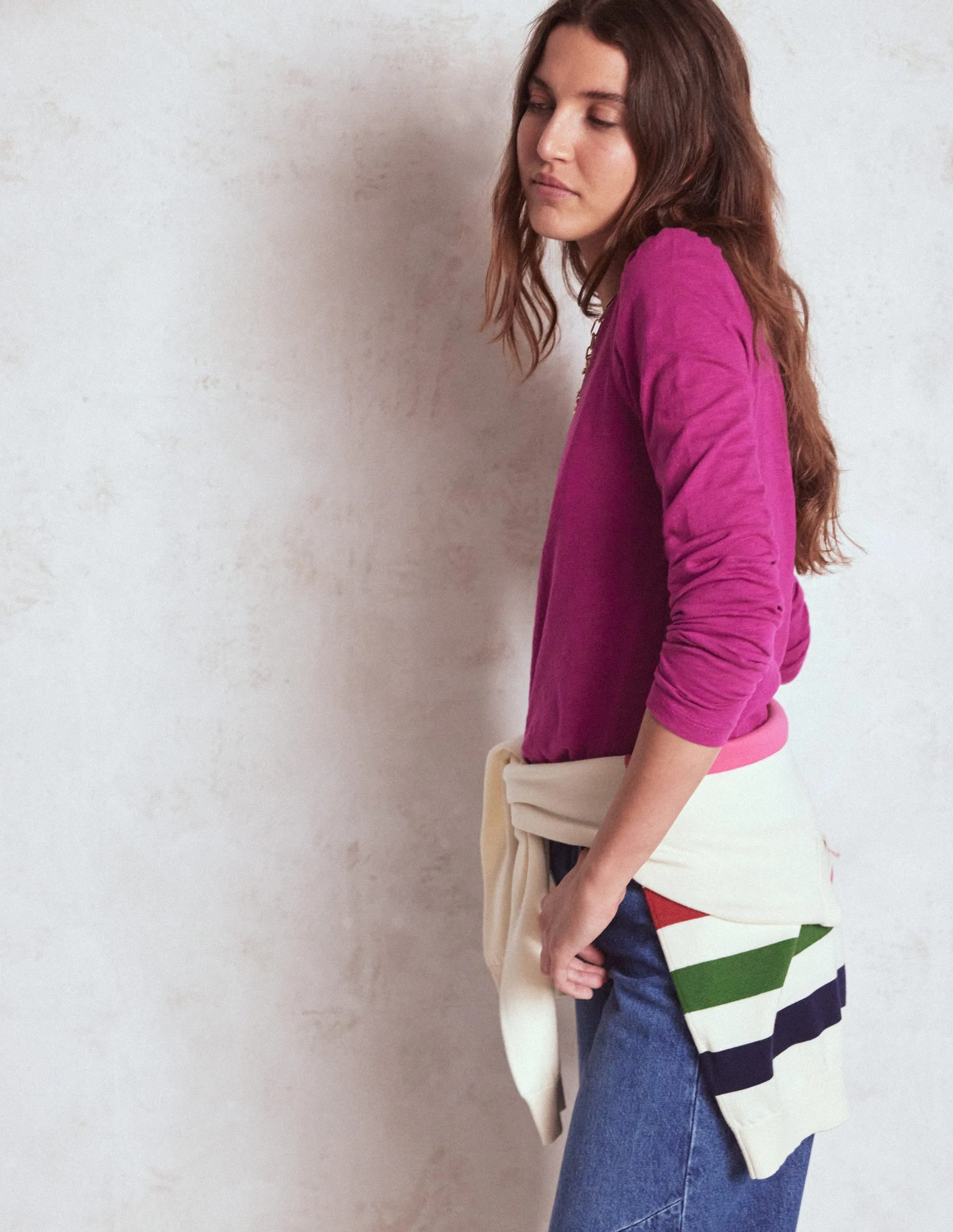 Reflective Accent Trim Cotton Crew Long Sleeve Top-Rich Magenta