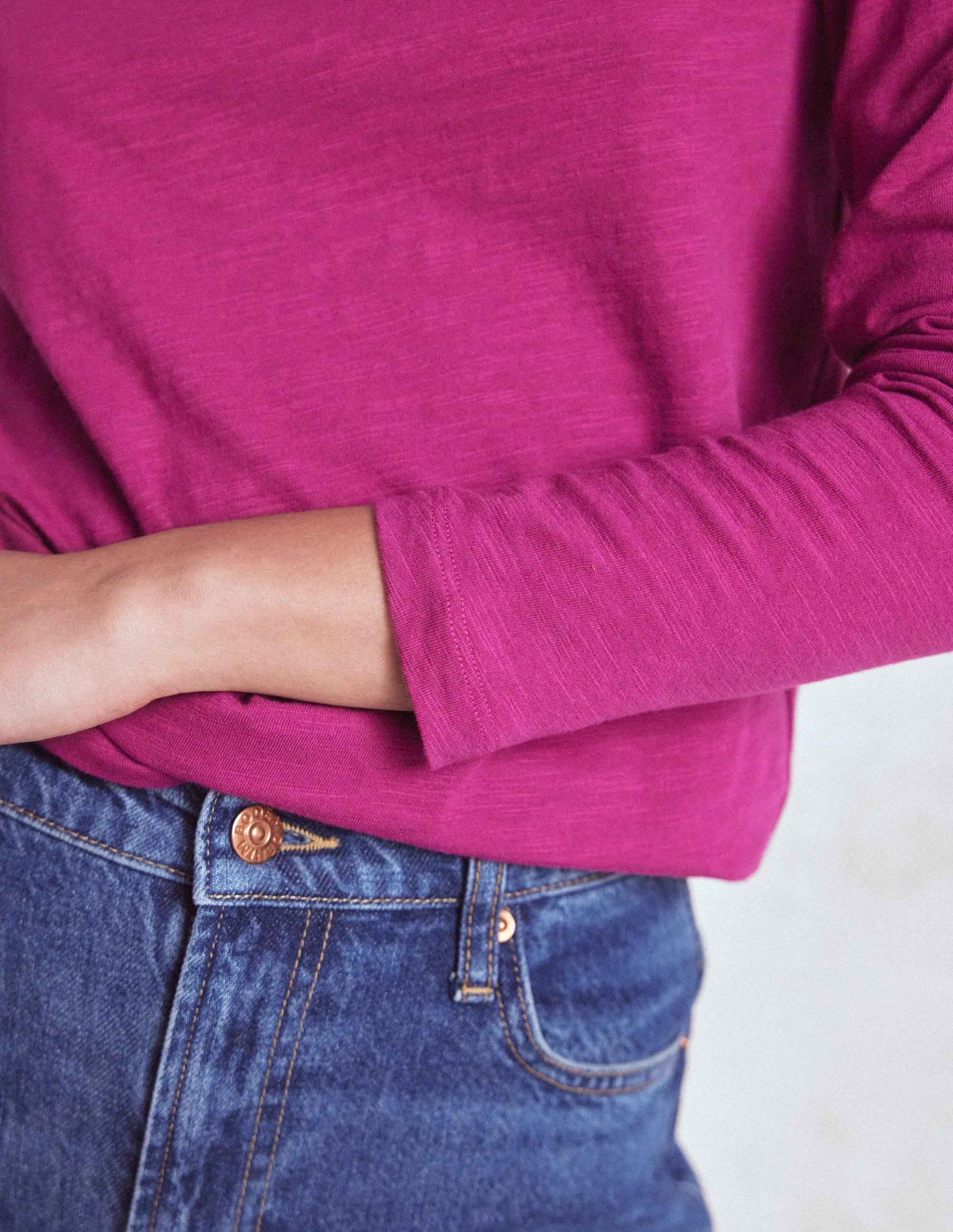 Garment Washed LayeredCuff Cotton Crew Long Sleeve Top-Rich Magenta