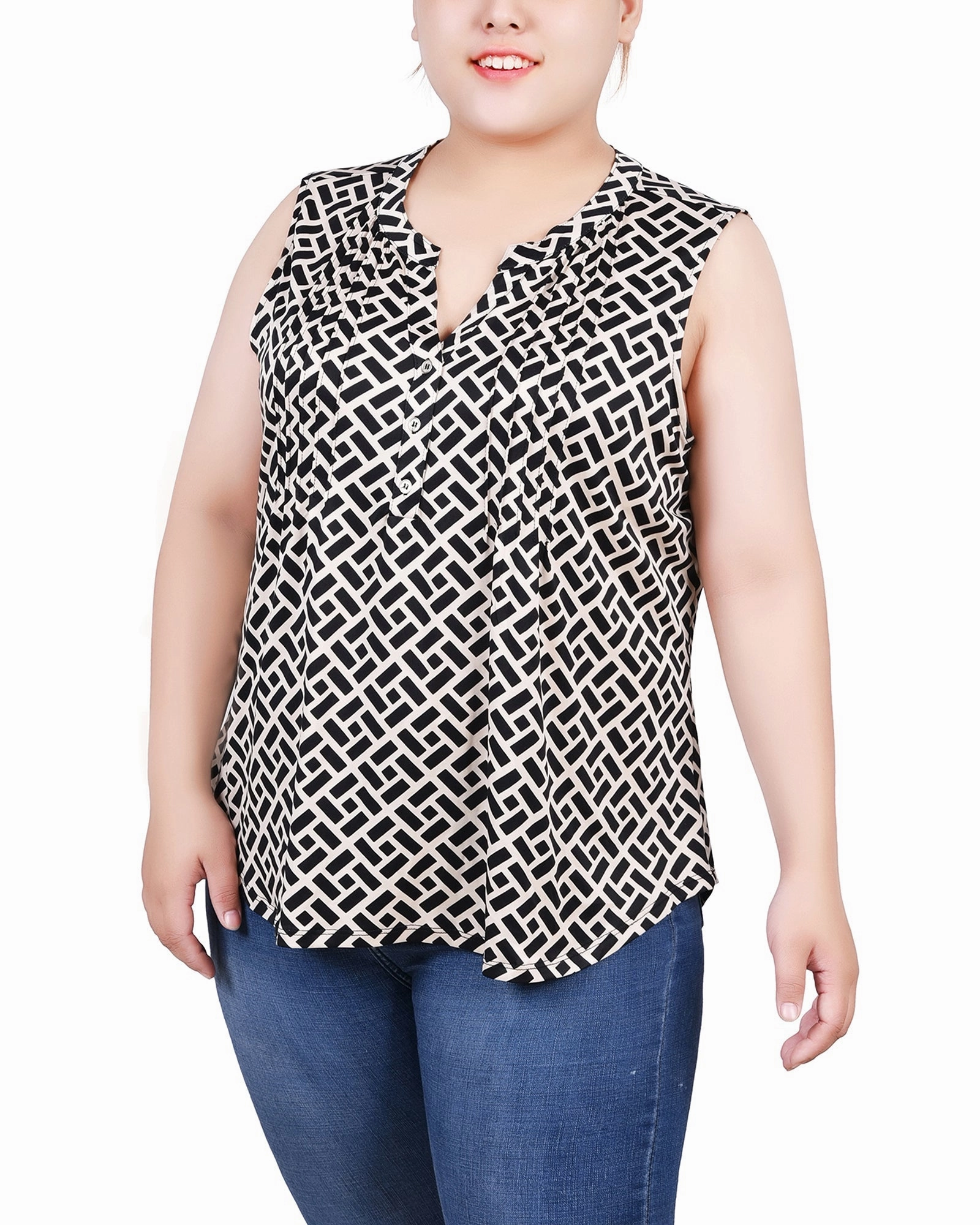 Weighted Hem Design Plus Size Sleeveless Knit Y Neck Top