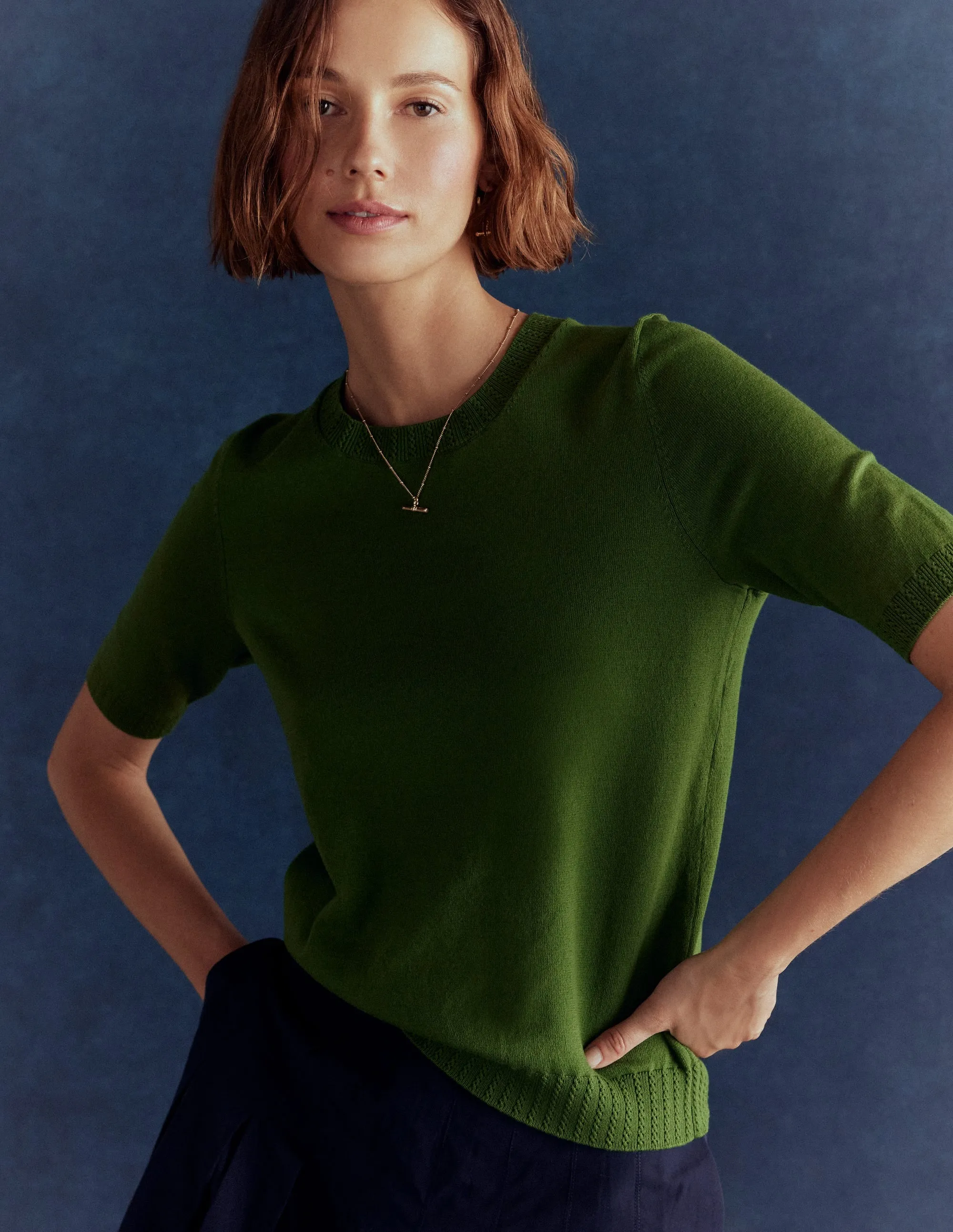 ShrinkageResistant Weave Emilia Cotton Crew T-shirt-Promenade Green