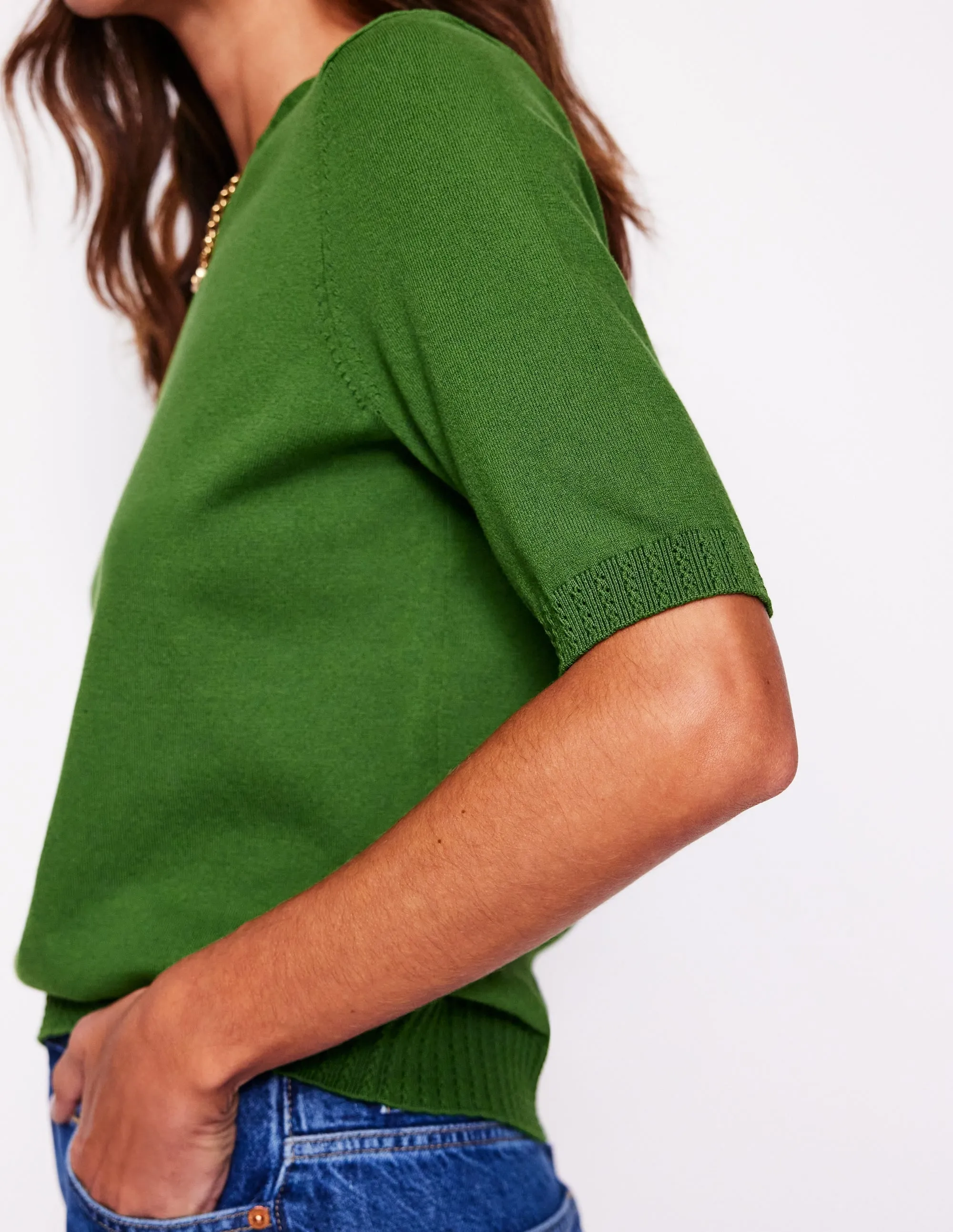 Emilia Cotton Crew T-shirt-Promenade Green Textured Fabric