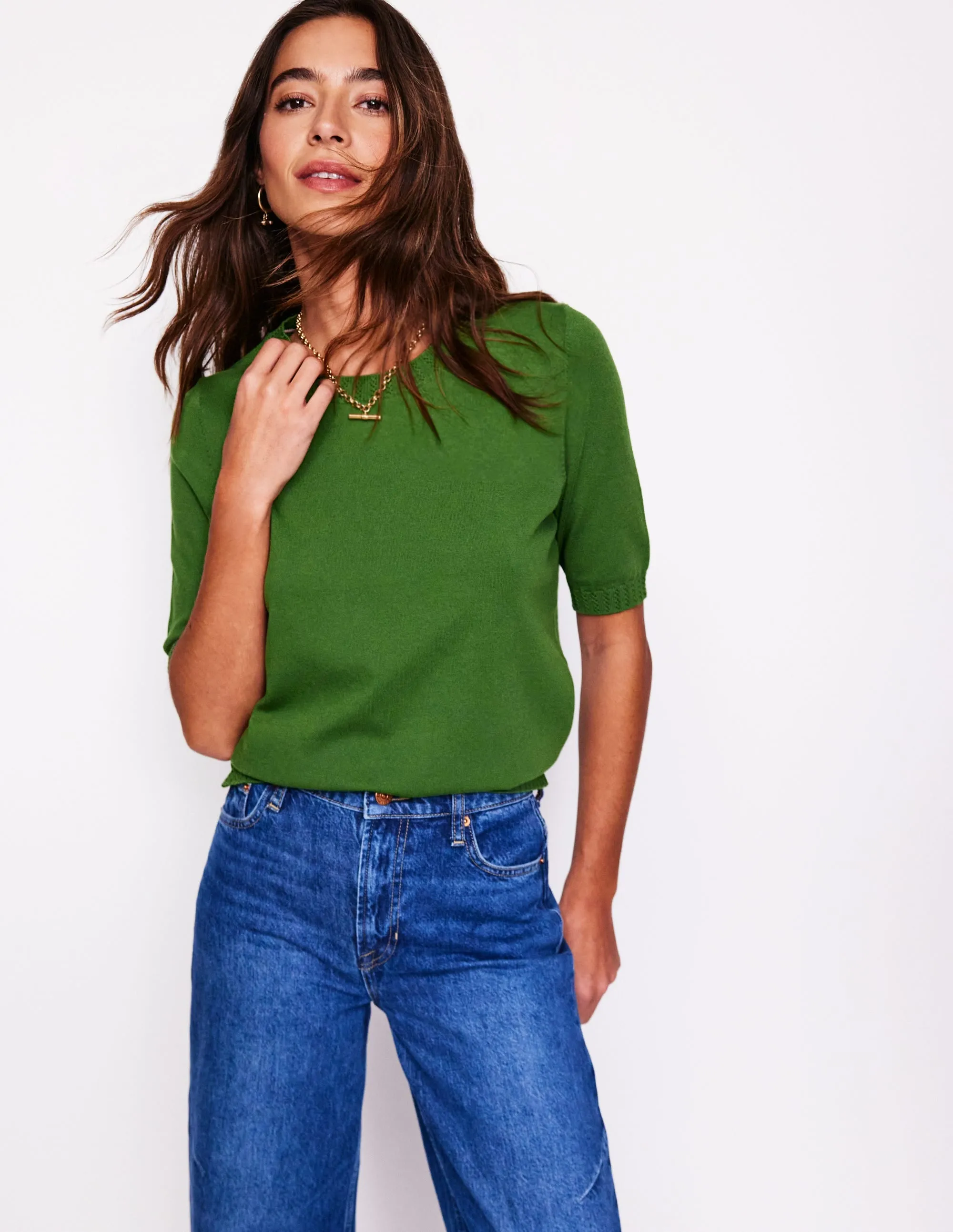 Emilia Cotton Crew T-shirt-Promenade Green Clean Finish