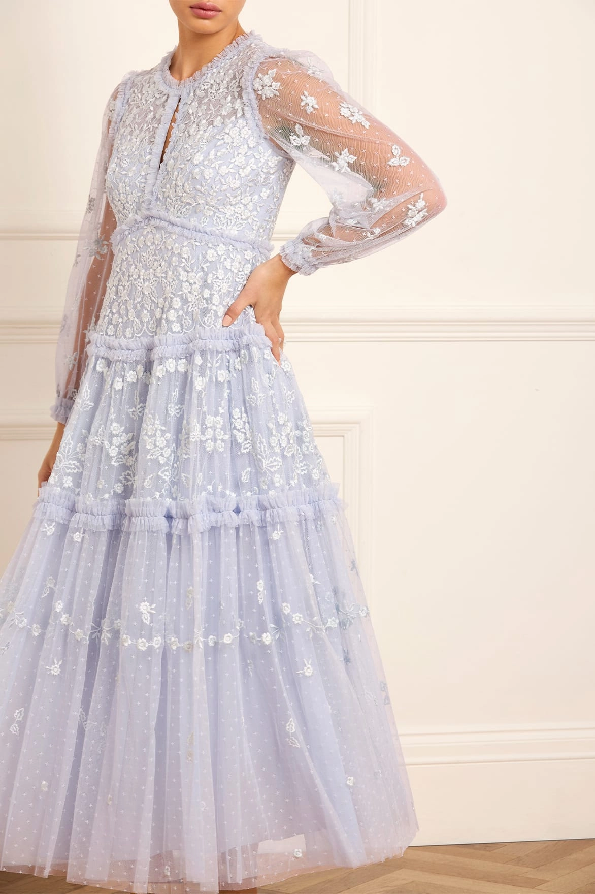 Layered-Look Sleek And Stylish Autumn Lace Long Sleeve Ankle Gown