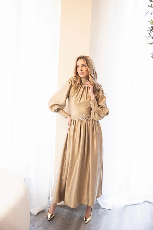 Emmeline Gold Dress Mom Chic Trendy Fit Look