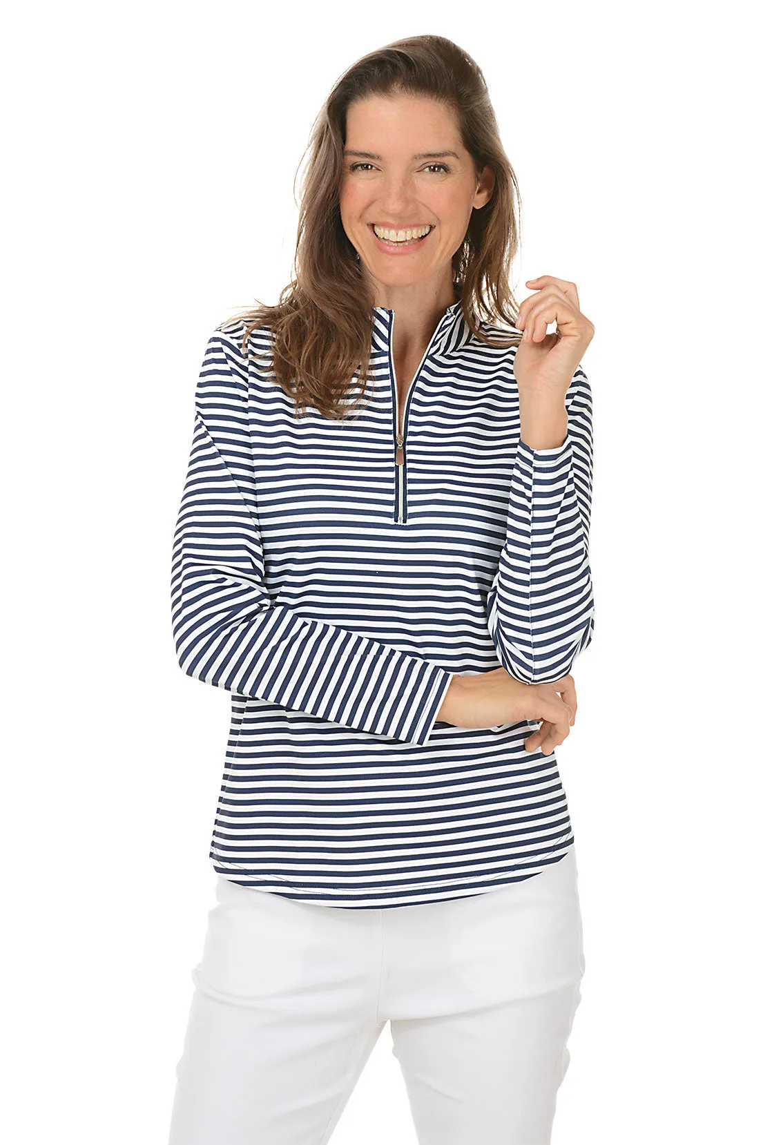 BlendMaterials ReinforcedHems Navy Striped Mock Neck UPF50  Top