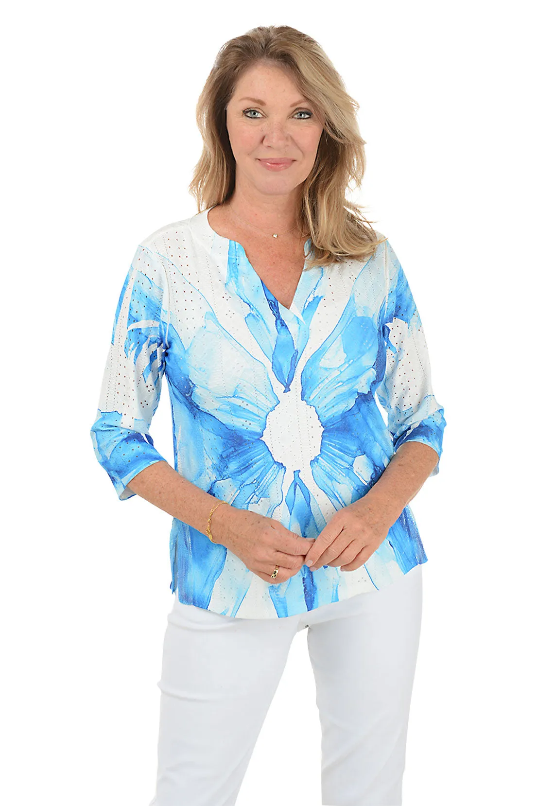 Blue Flower High-Low Eyelet Top WrinkleResistantWeave Outdoor Wear