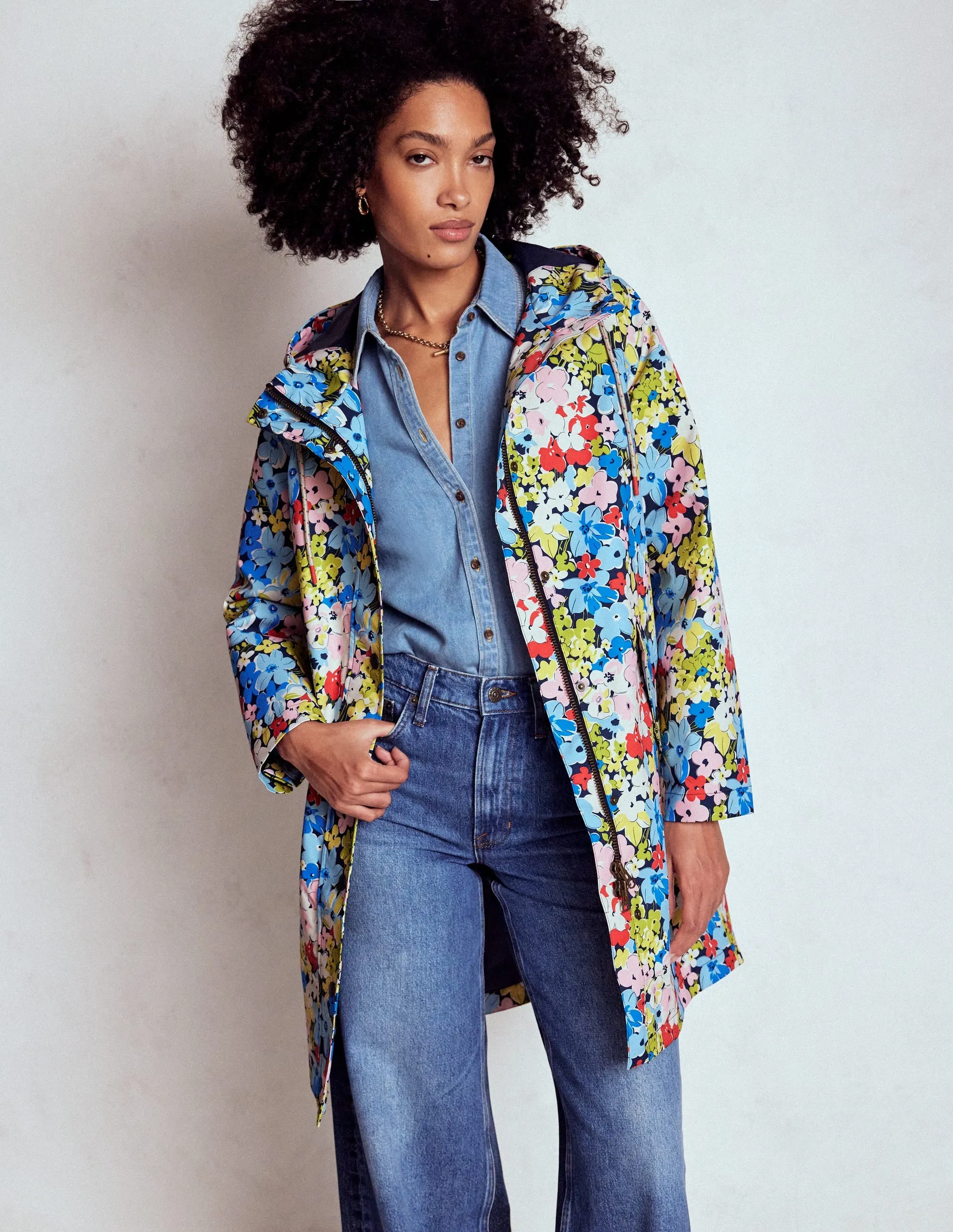 Light Padding Wind Stop Wells Waterproof Hooded Coat-Multi, Flowerbed Cluster