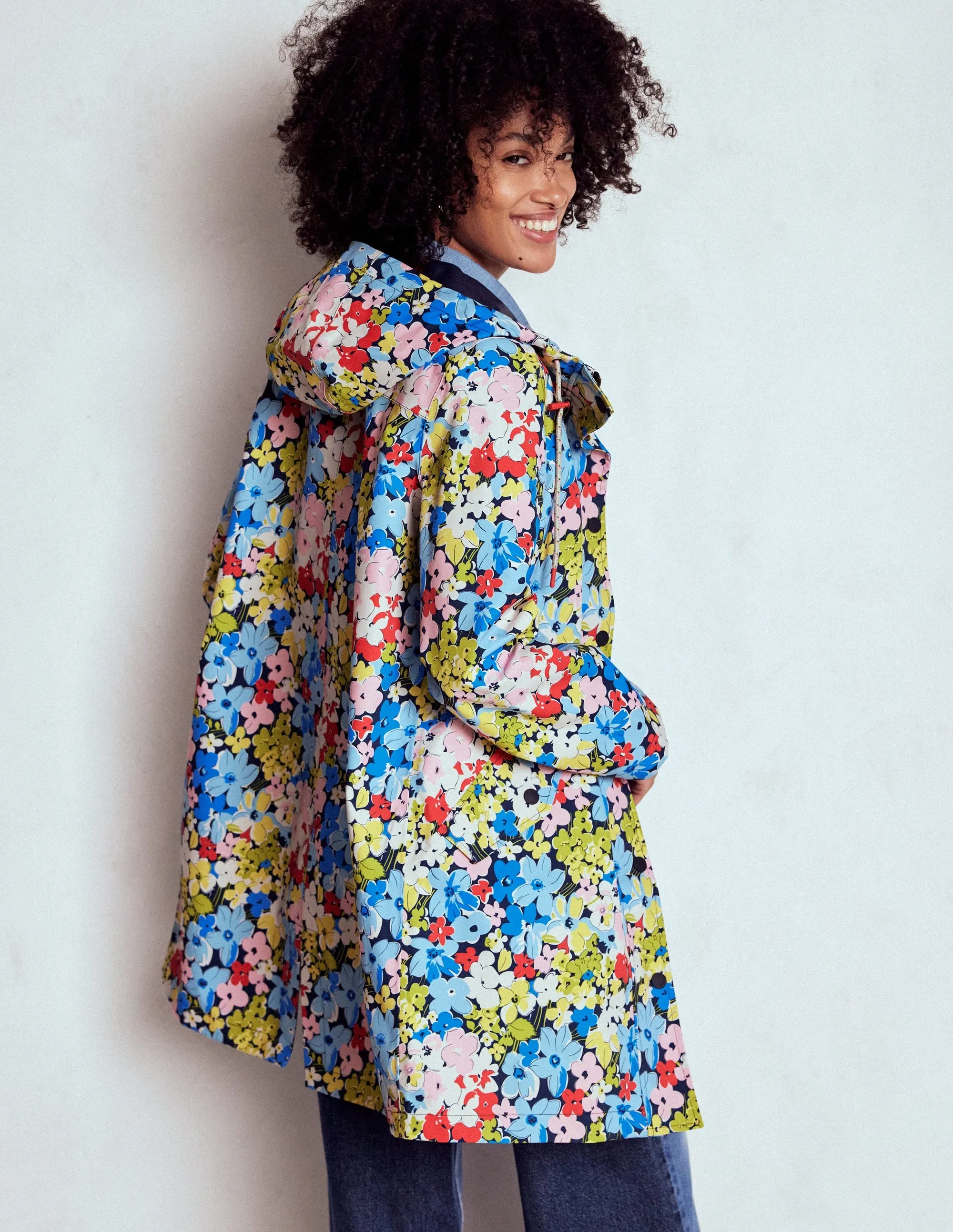 Wells Waterproof Hooded Coat-Multi, Flowerbed Cluster Adjustable Hem Cords