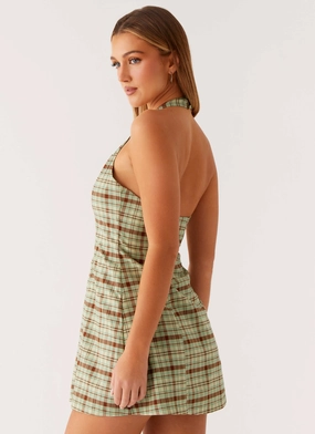 Dunia Halter Mini Dress - Forest Plaid
