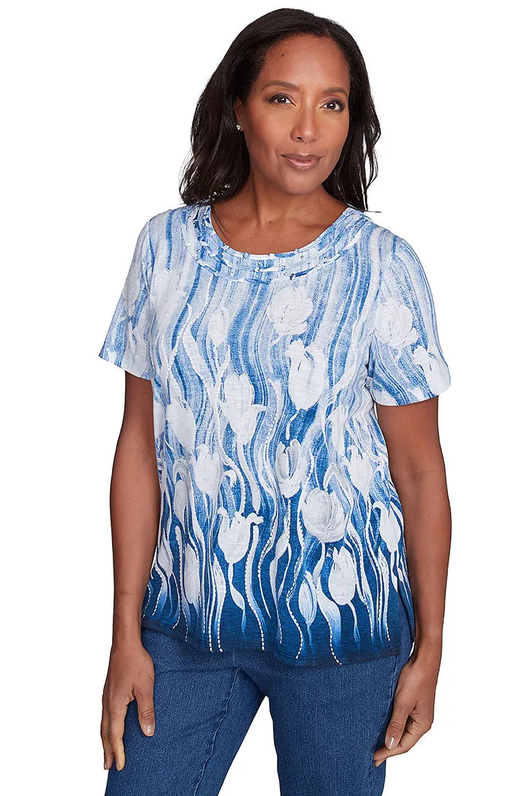 Flower Power Tulip Knotted Neck Top Seamless construction Fleece Pullover