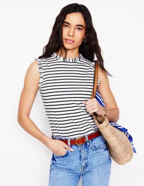 Supersoft Frill Detail Vest-Ivory, Navy Stripe Tactile Soft Texture FlexibleKnit