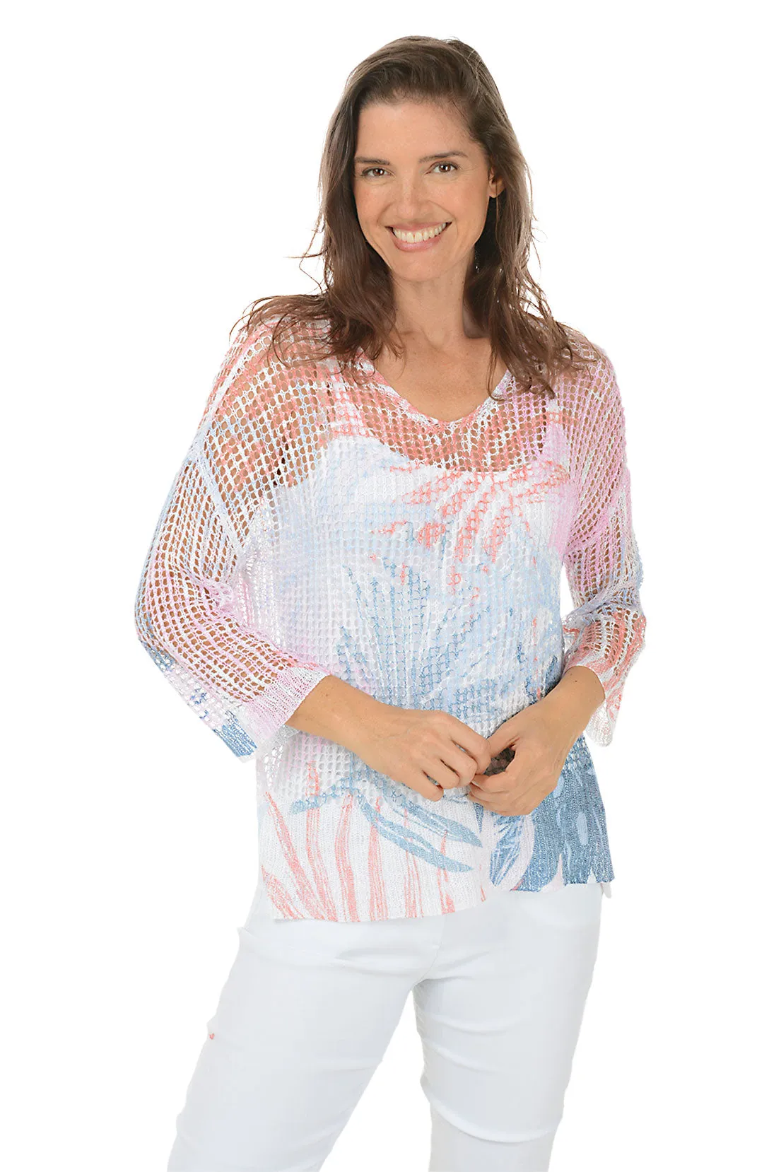 ComfortStretchFit Tropical Leaves Crochet High-Low Sweater