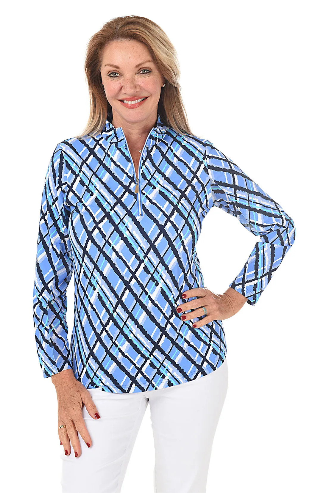 Durable Overlock Stitch Argyle Plaid Cooling UPF50  Mock Neck Top