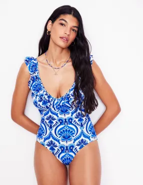 Evia Ruffle Swimsuit-Blue, Ornamental Floral Sun-Kissed Days