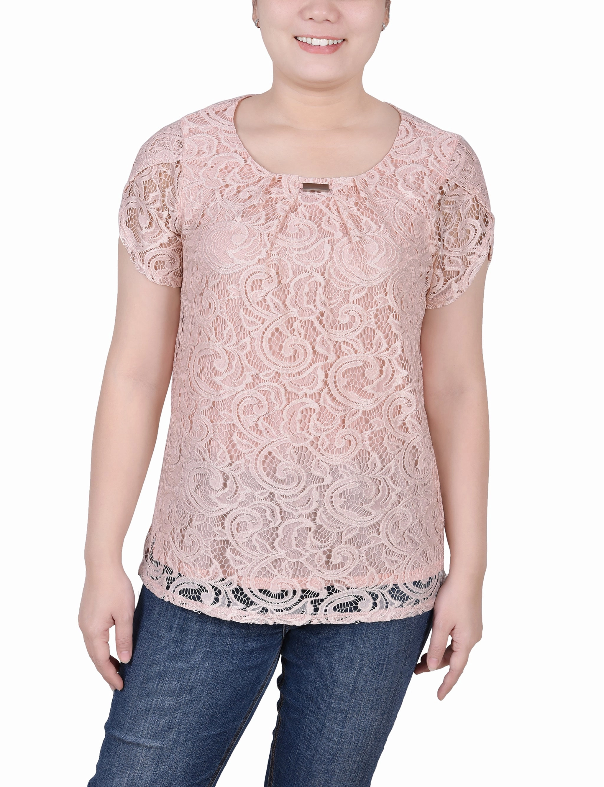 Petite Lace Petal Sleeve Top Hypoallergenic Fiber