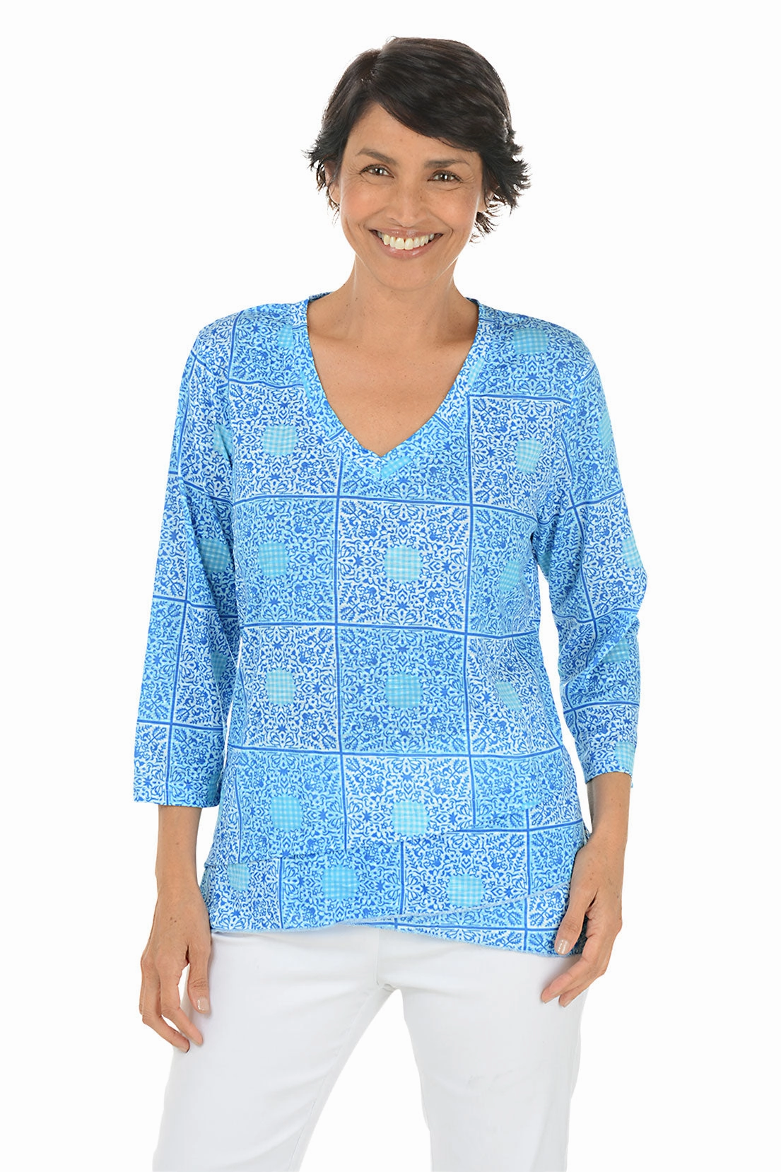 AntiPillingFinish Ribbed Neckline Gingham Bandana Criss Cross Tunic