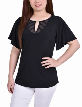 EcoFriendly Material Lightweight Weave Mesh Flutter Sleeve Knit Top