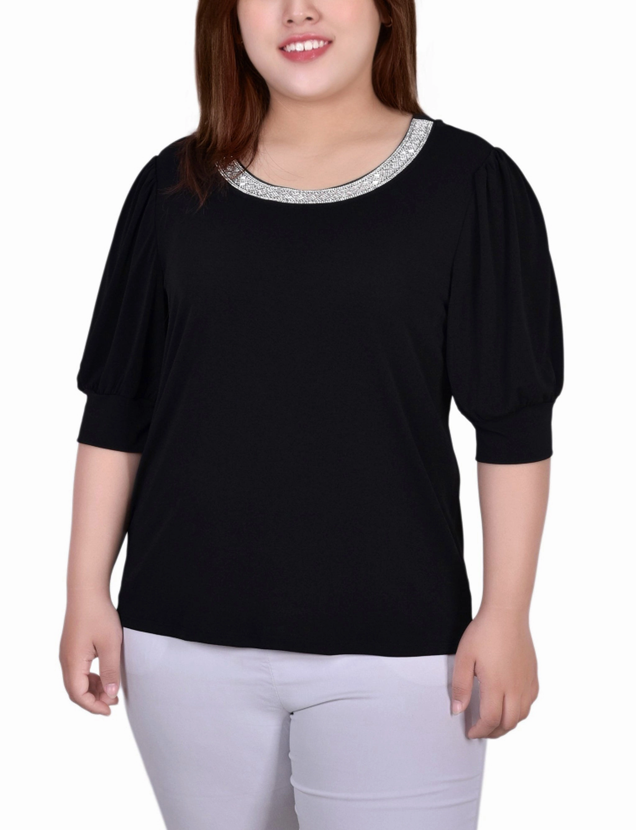 ButterySoftTextile Plus Size Short Beaded Puff Sleeve Top