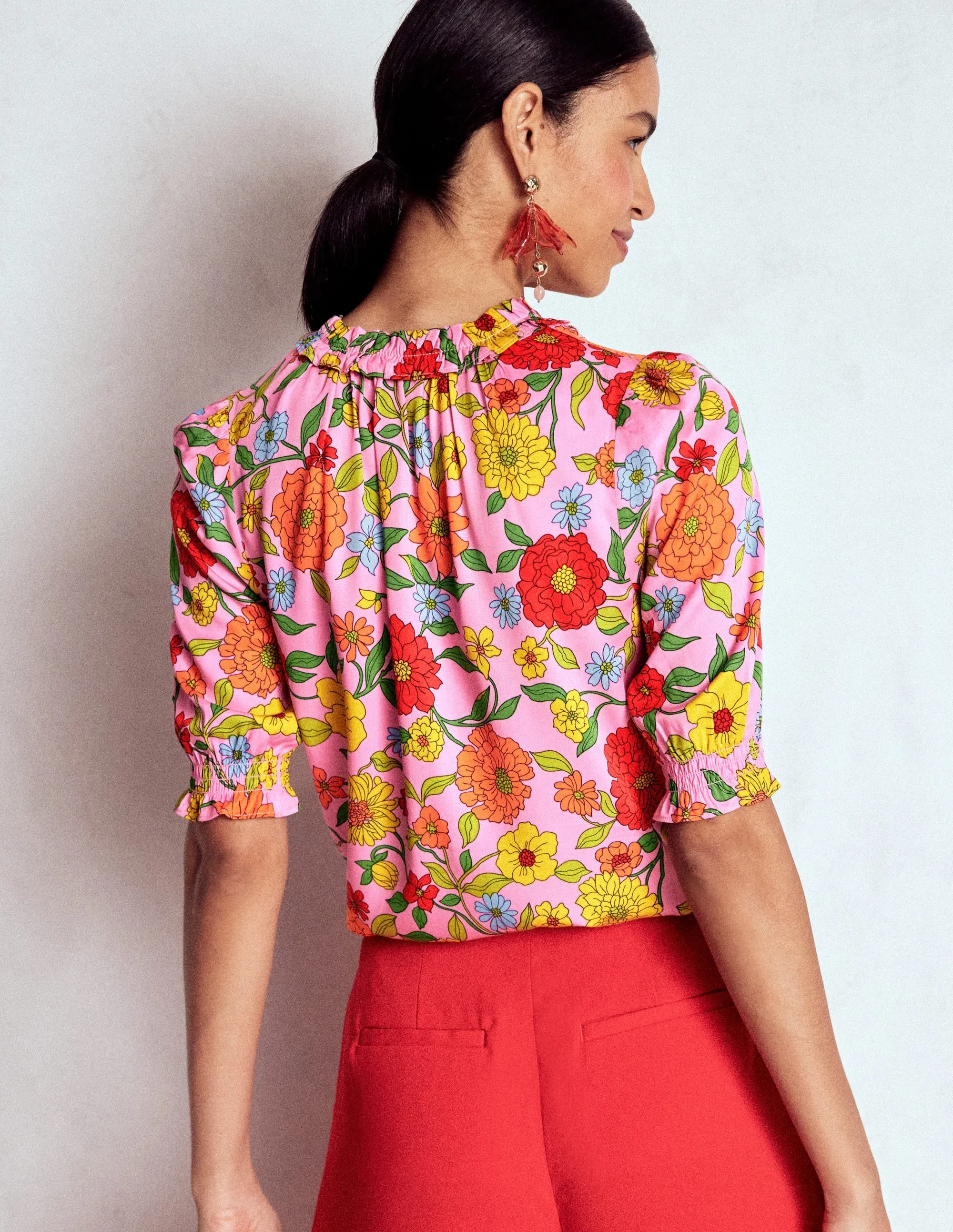 Zero Waste Cut Pattern Wide Shoulder Cut Ria Short Sleeve Top-Rose Bloom, Dahlia Trial