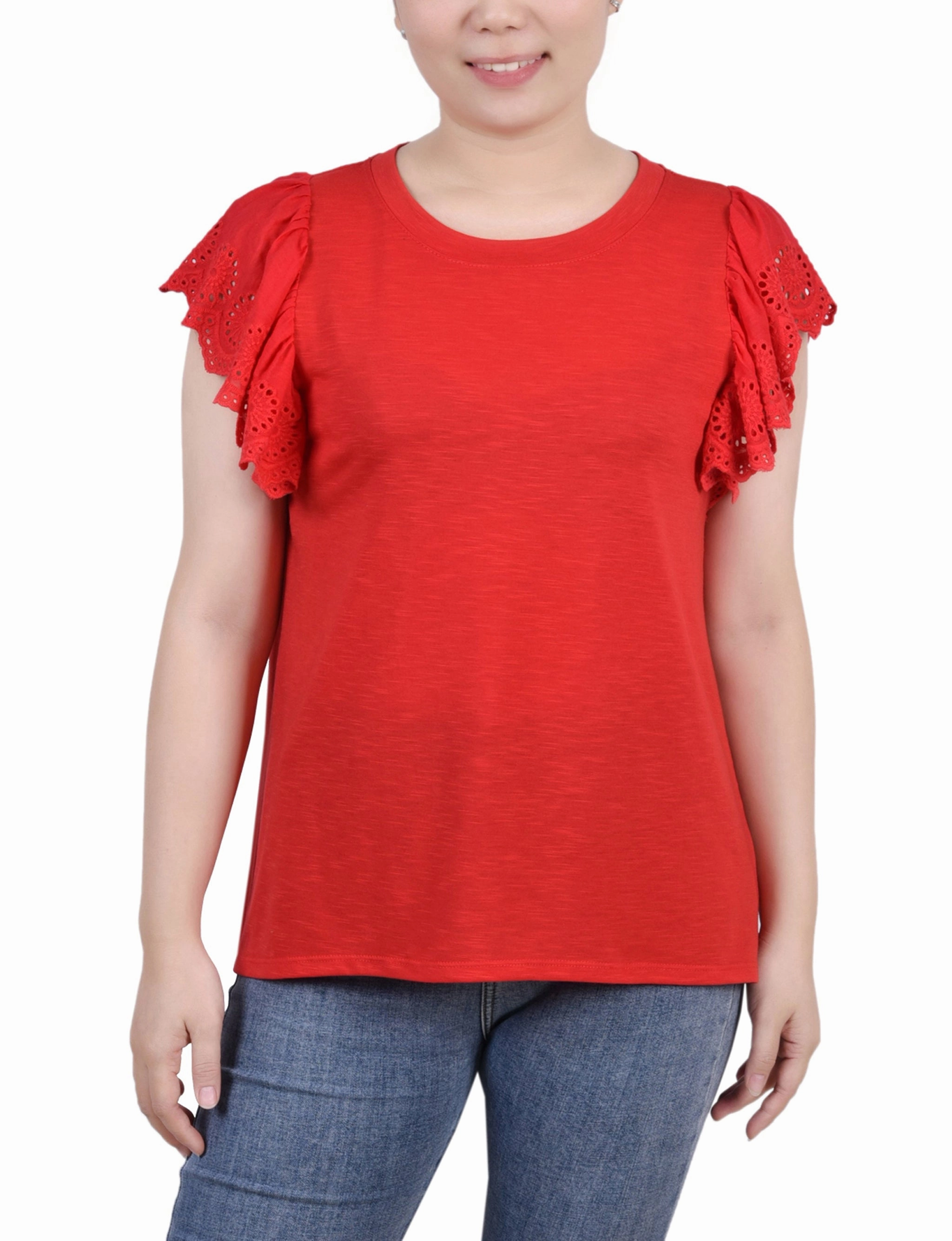 Sustainable Fabric Blend Flutter Sleeve Slub Knit Top
