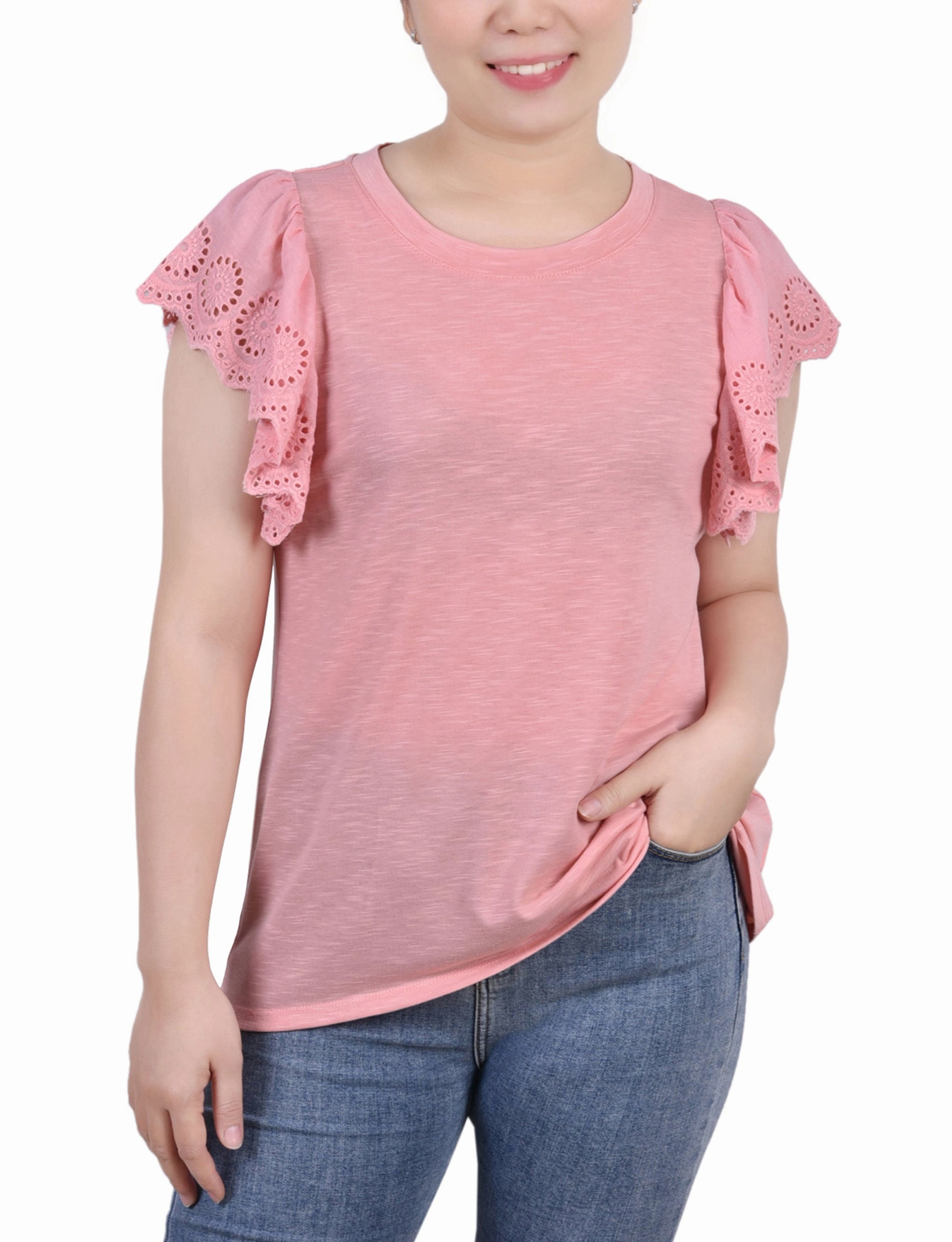 Flutter Sleeve Slub Knit Top Easy Care Fabric DoubleLayered Neckline