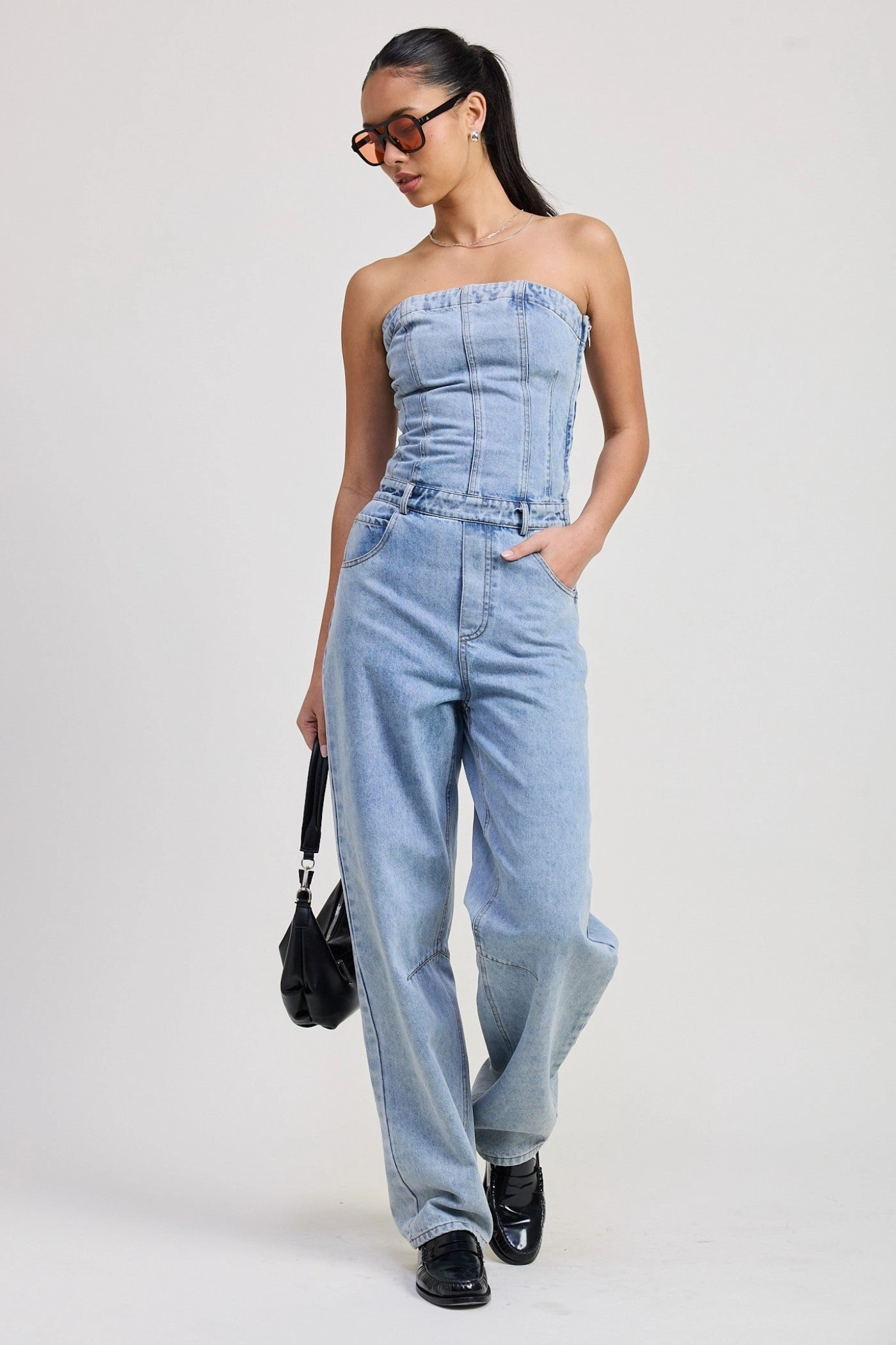 SOPHIA STRAPLESS DENIM JUMPSUIT Fitted Blouse