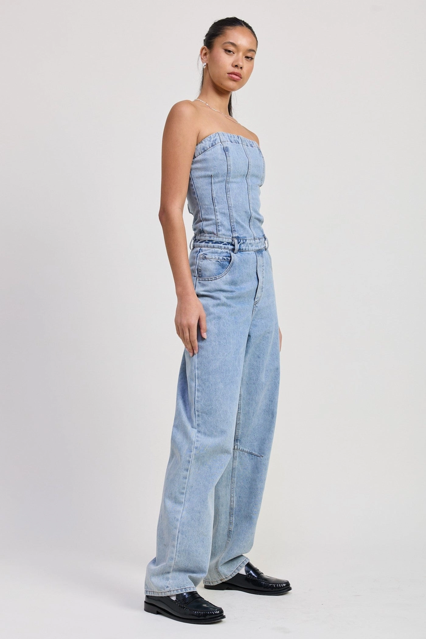 SOPHIA STRAPLESS DENIM JUMPSUIT AdjustableCuffs