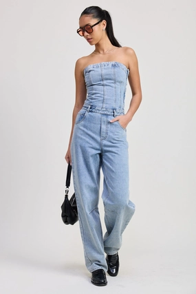 SOPHIA STRAPLESS DENIM JUMPSUIT Fitted Blouse