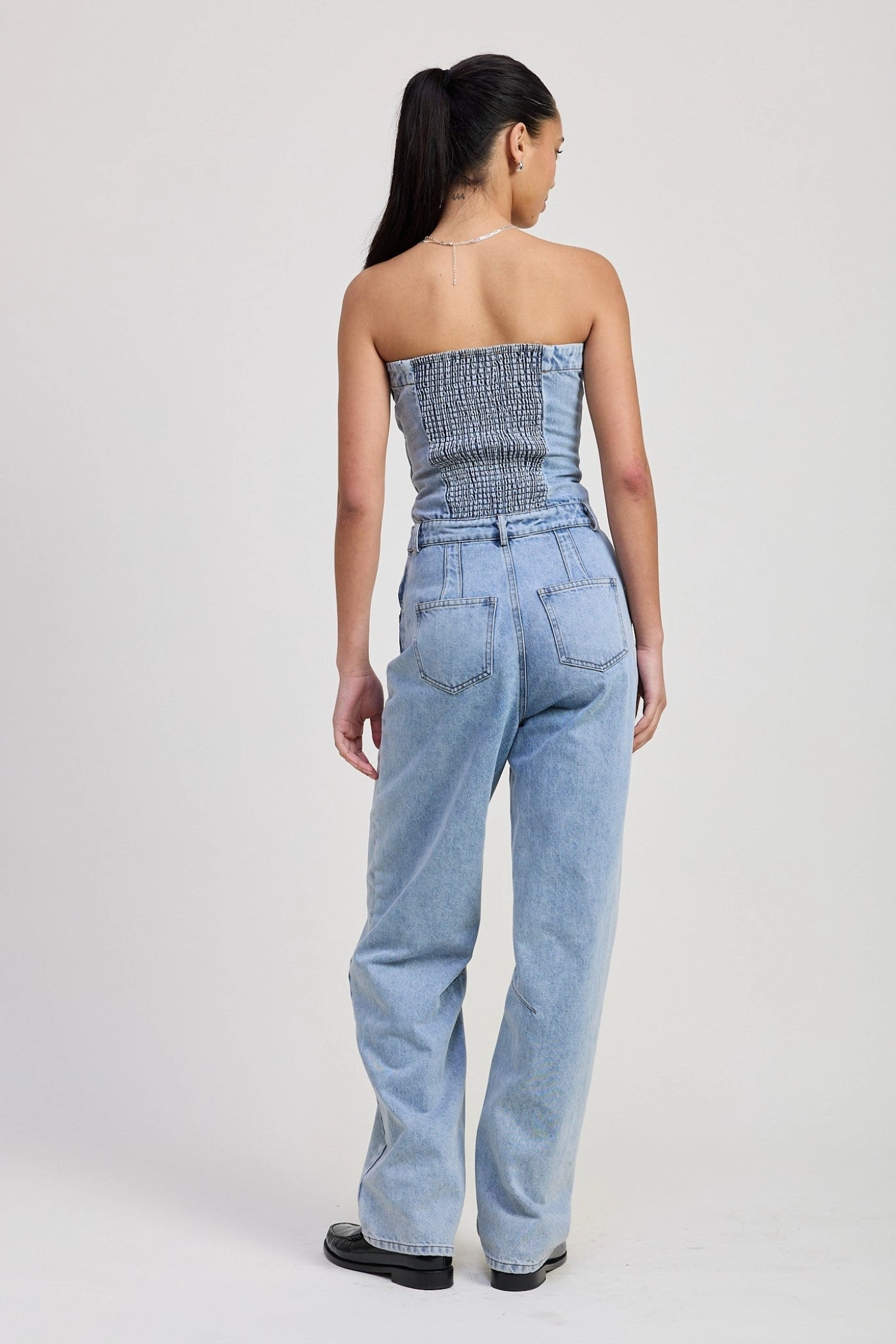 SOPHIA STRAPLESS DENIM JUMPSUIT Reinforced Shoulders