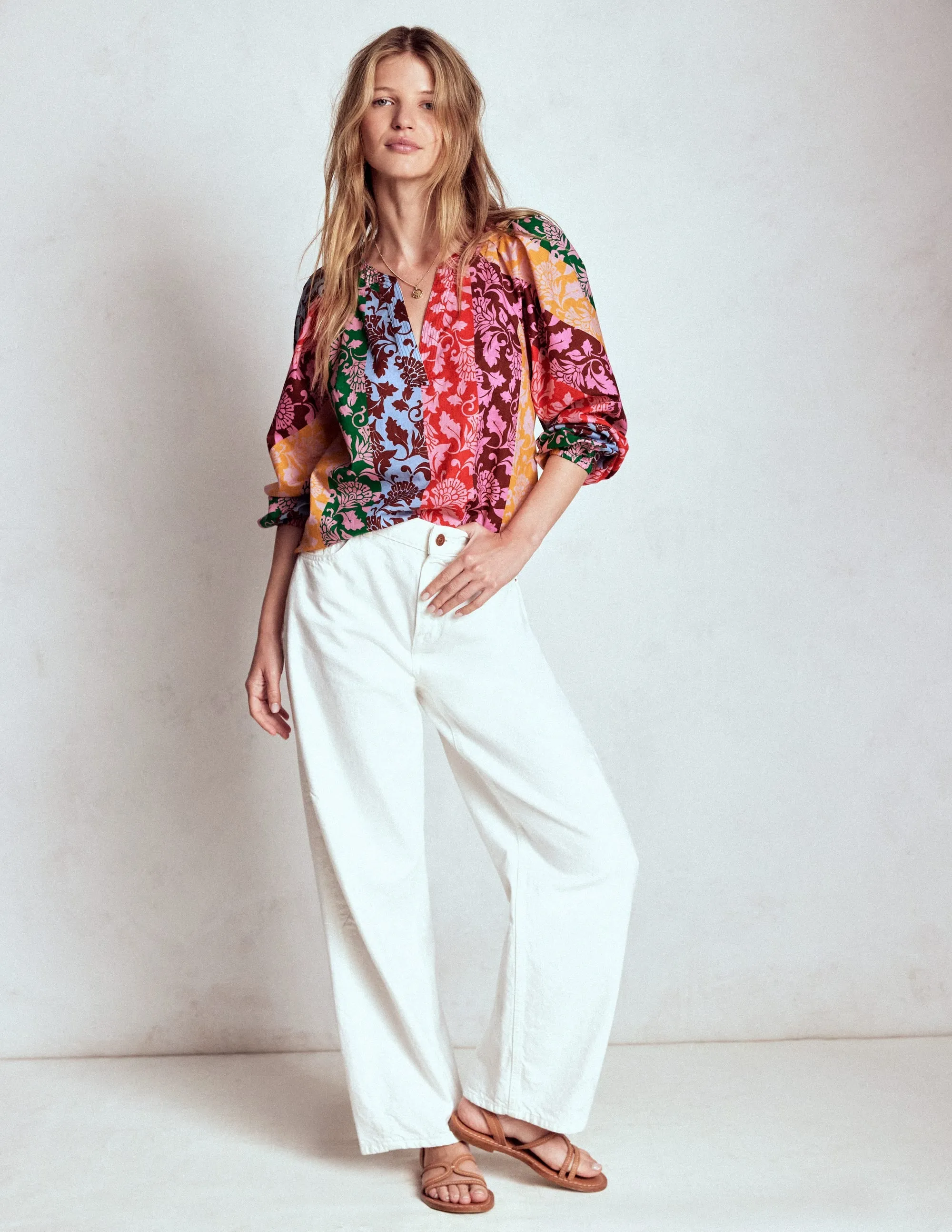 Long Sleeve Notch Top-Multi, Ornate Vine Double Needle Stitching