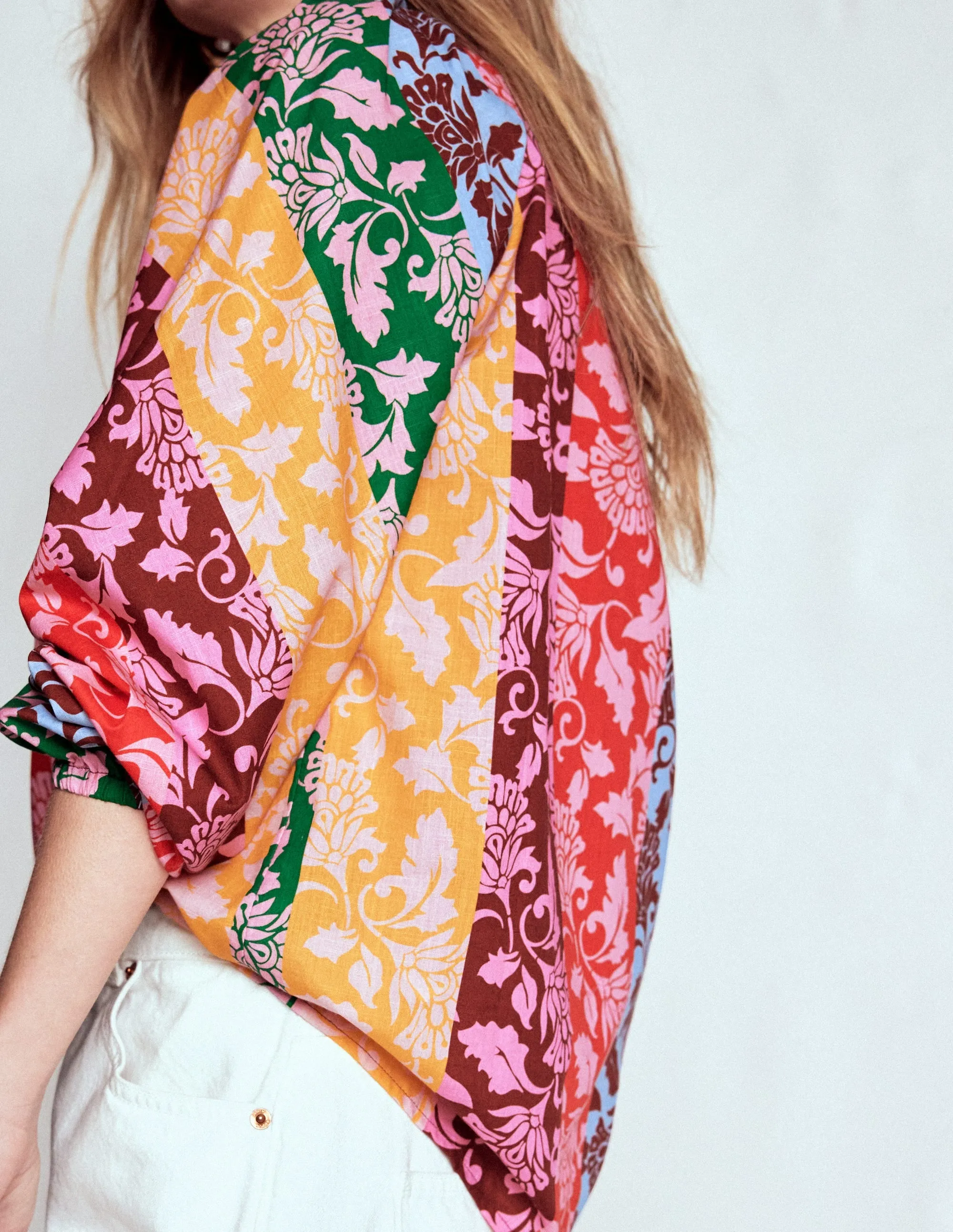 Sustainable Material Blend Summer Dress Long Sleeve Notch Top-Multi, Ornate Vine