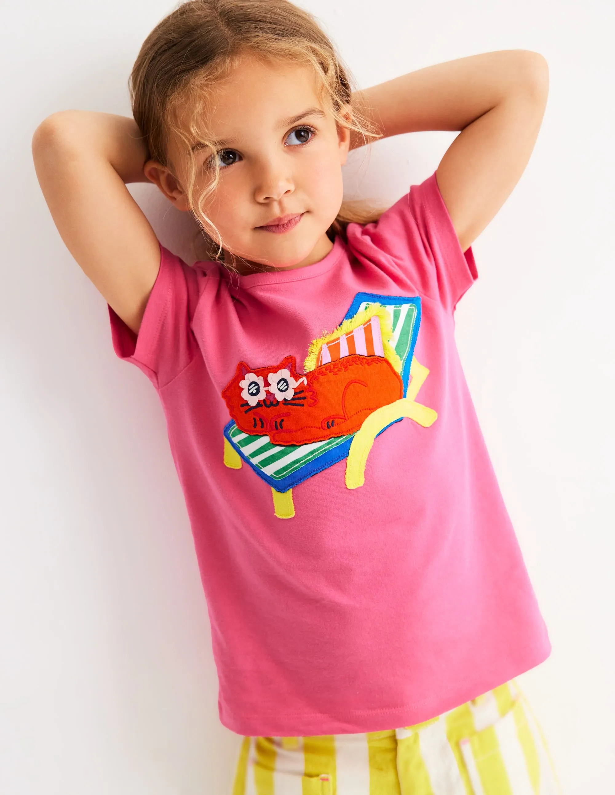 Valentine's Day Short Sleeve Appliqu T-shirt-Rose Petal Pink Cat