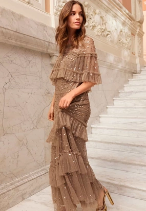 Polished Form Comfort Mode Leila Dot Tiered Cape Ankle Gown