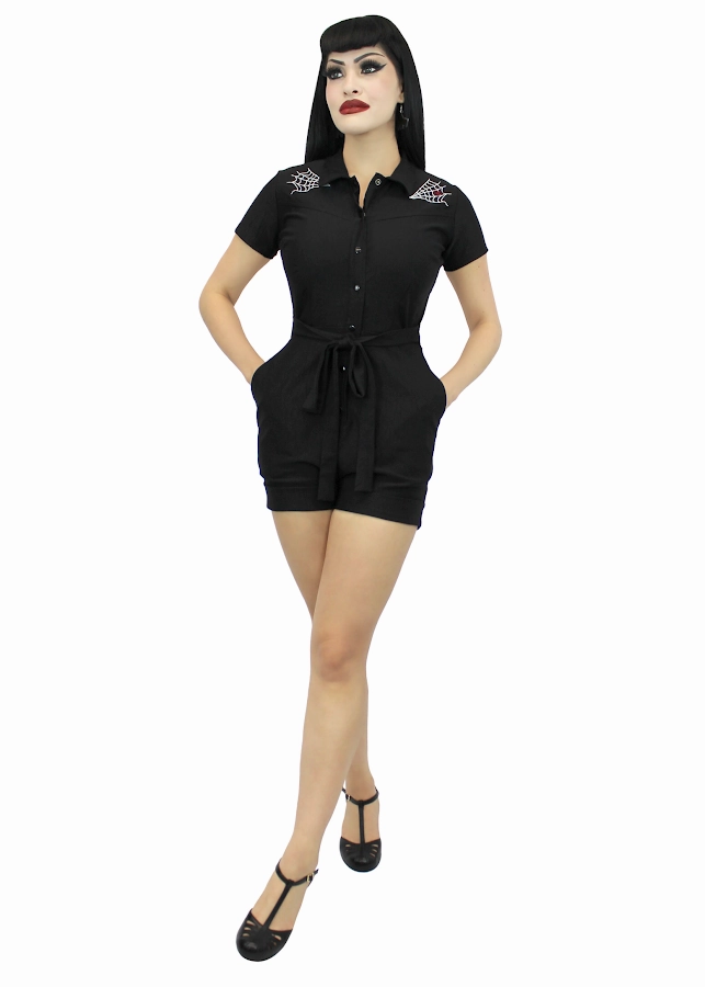 Easy Wear hiking clothes Stretchy Spiderweb Black Romper With Belt #E-SWBR