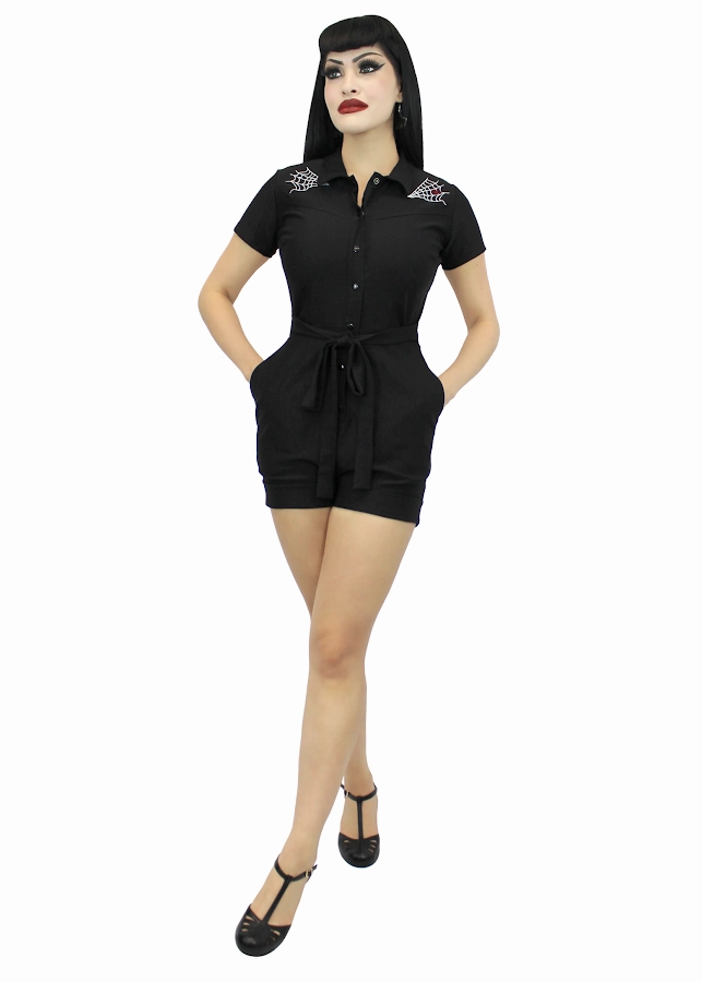 Spandex shorts Fitted Design Stretchy Spiderweb Black Romper With Belt #E-SWBR