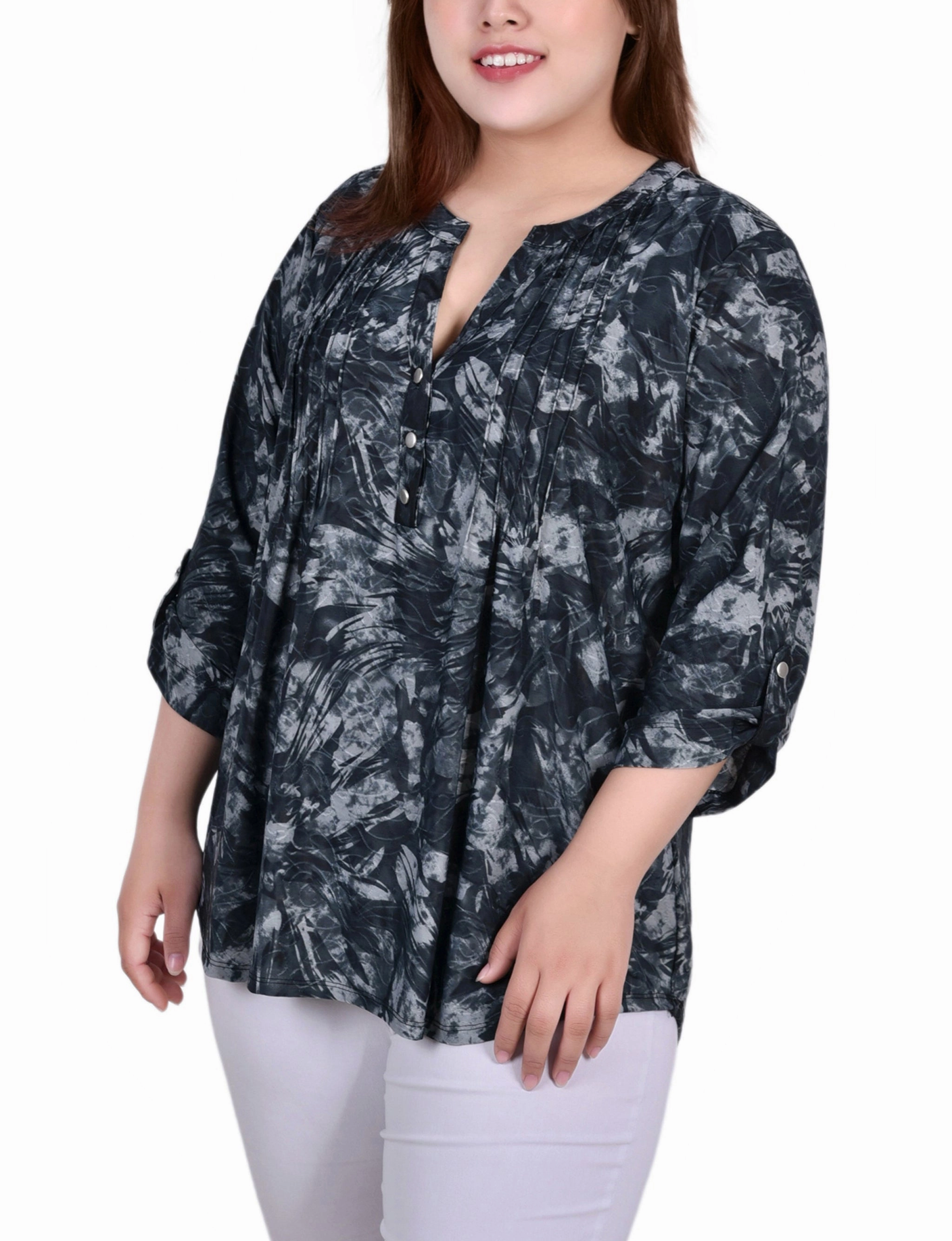 Plus Size 3/4 Sleeve Roll Tab Y Neck Pullover Top LightweightWeave